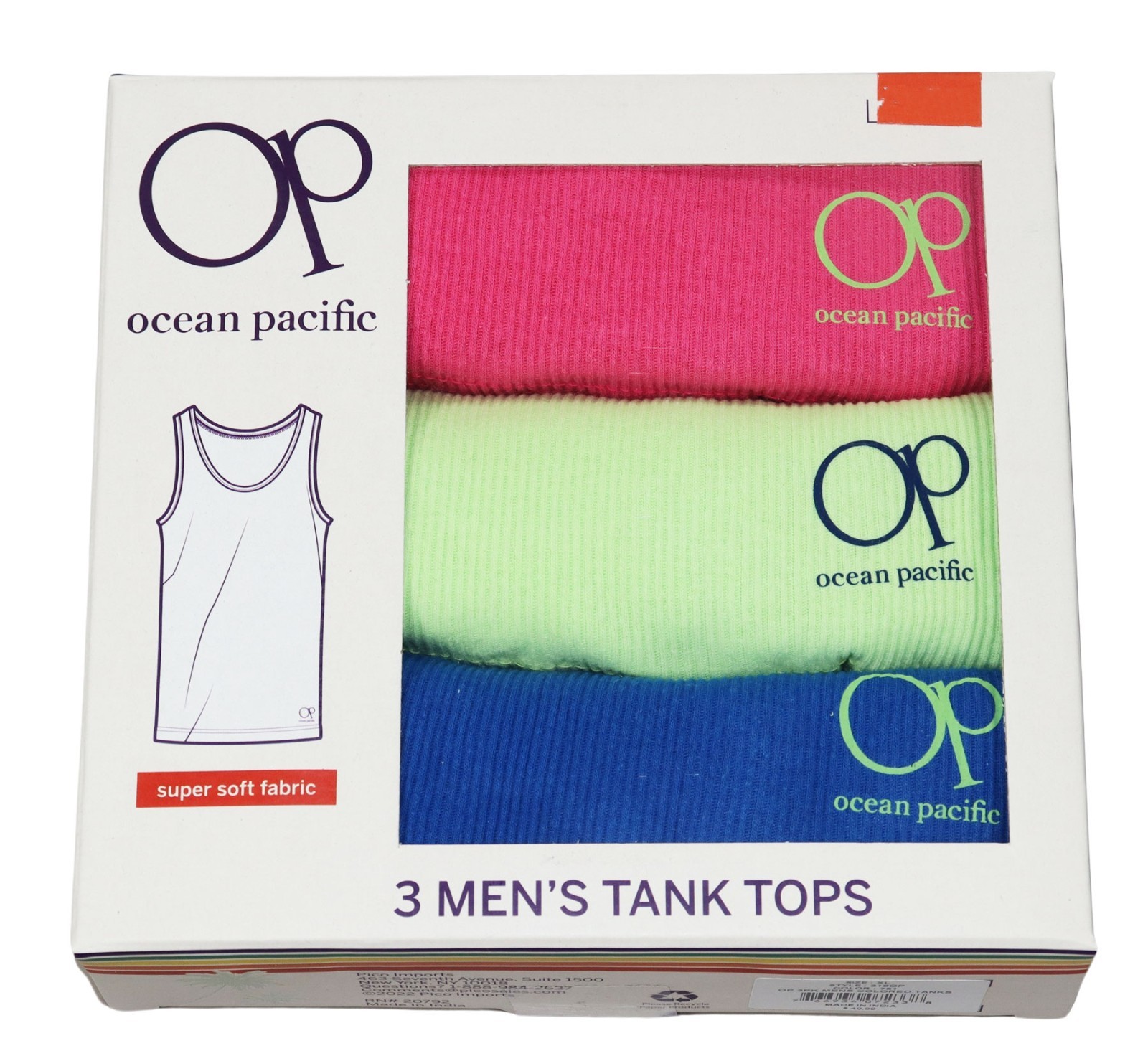 OP Ocean Pacific 3-Pack Asst Colors Ribbed Tagless Logo Hem Men’s Tank Tops NIB