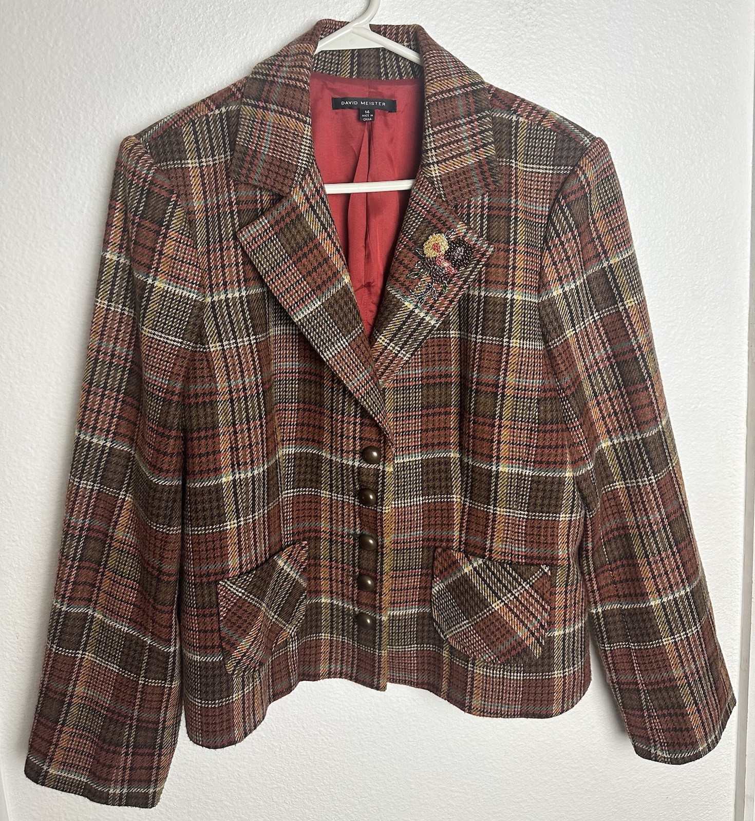 DAVID MEISTER Multi Color Acrylic Blend Plaid Beaded Motif Collar Jacket US 14