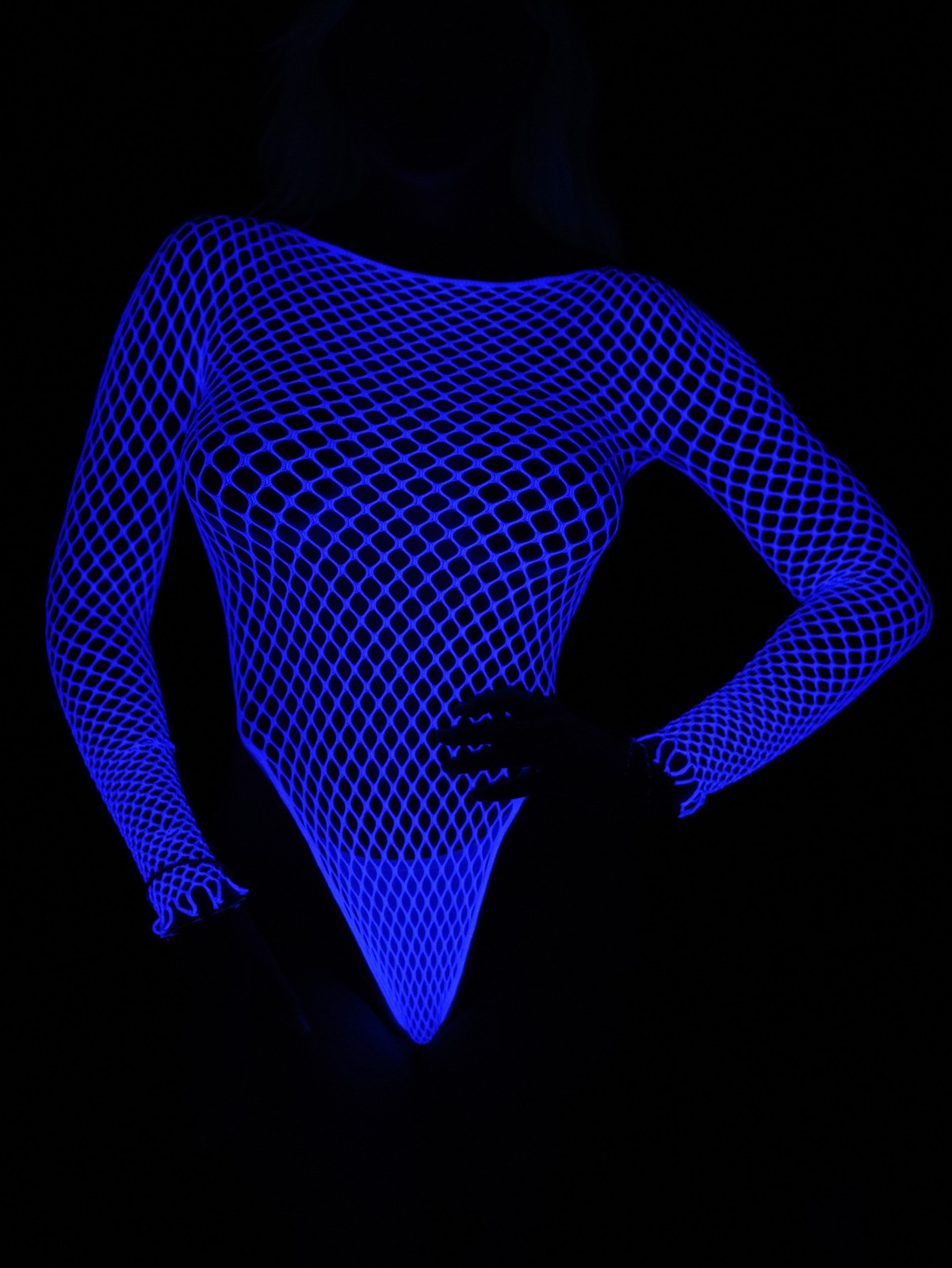 Sexy High Cut Fishnet Bodysuit Sheer Top Glow In The Dark Blue Cutout Bikini