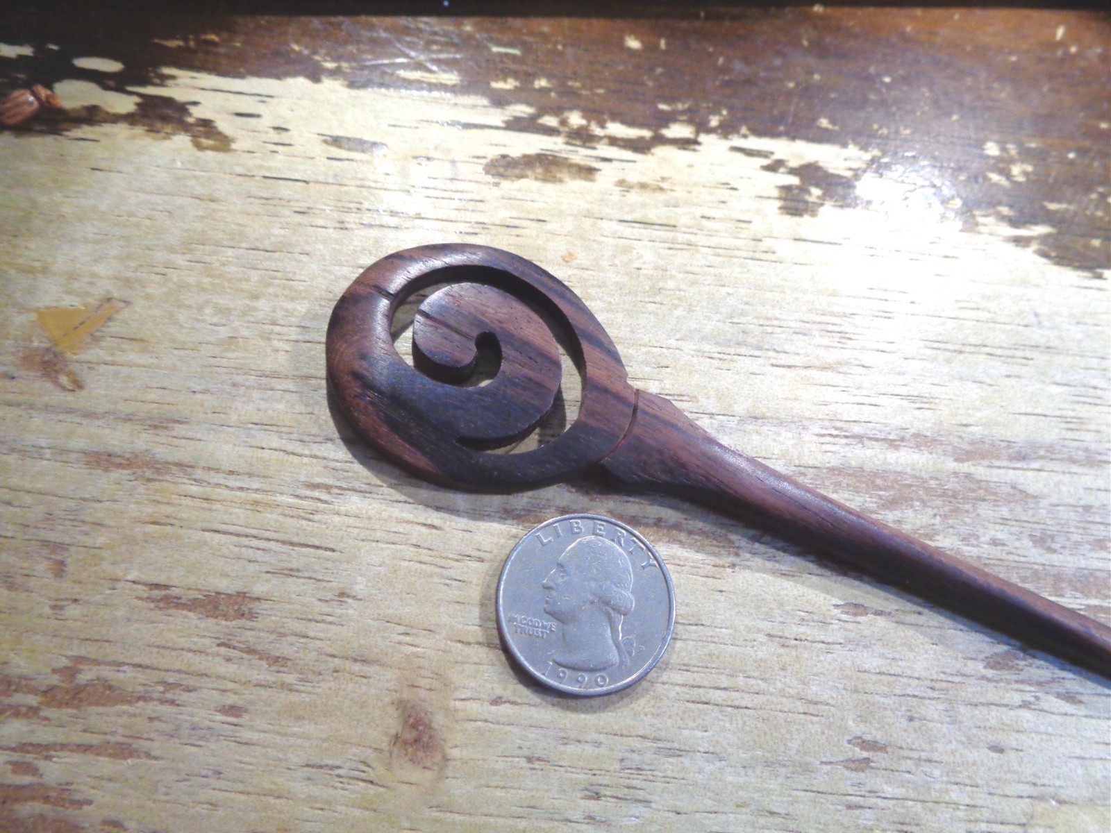 1 7/16″ X 1 13/16″ EXOTIC INDONESIAN ROSEWOOD MAORI KORU HAIR PICK STICK 7 1/4″