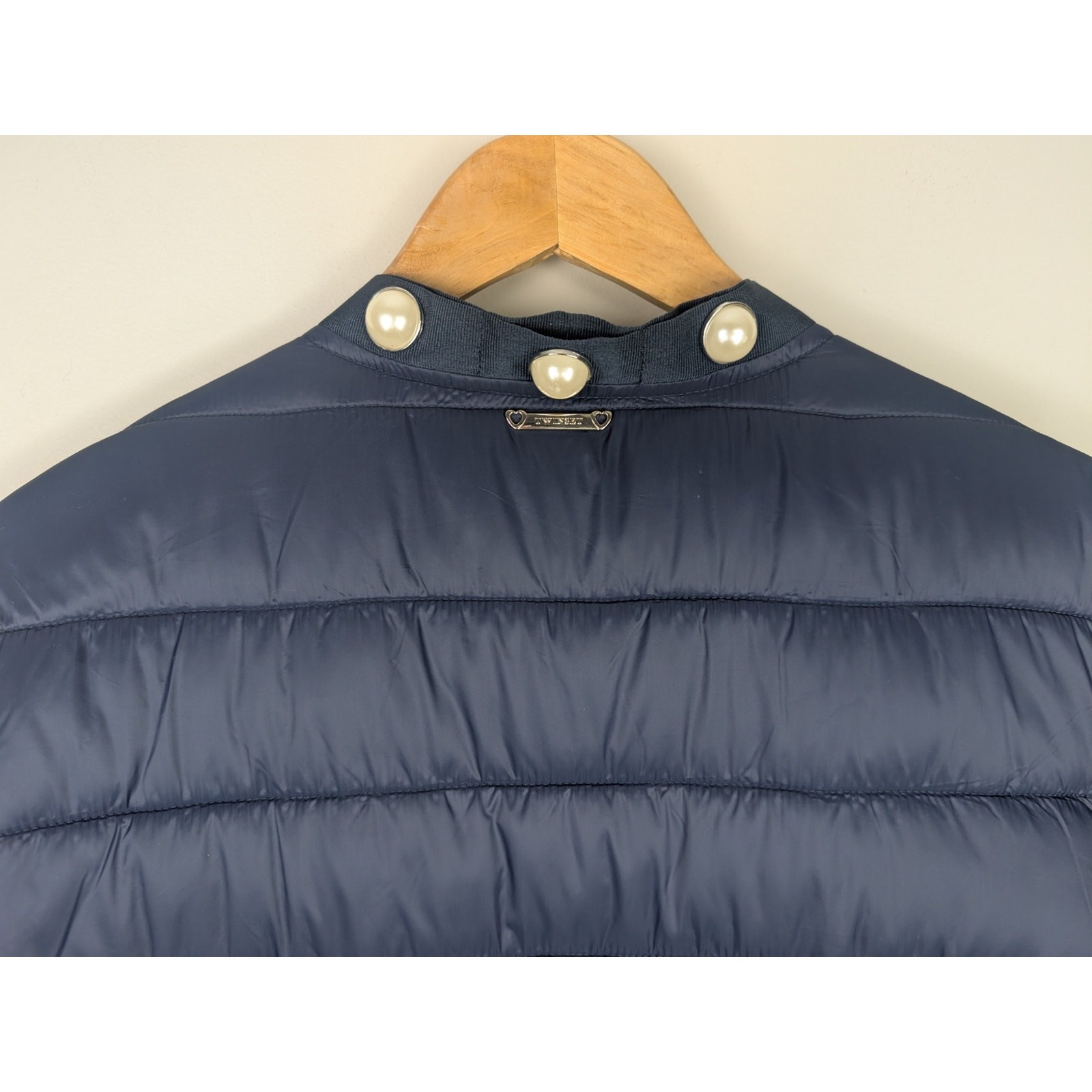 Twinset Simona Barbieri Pearled Trim Ruffle Quilted Puffer Jacket Navy 44 46 M L