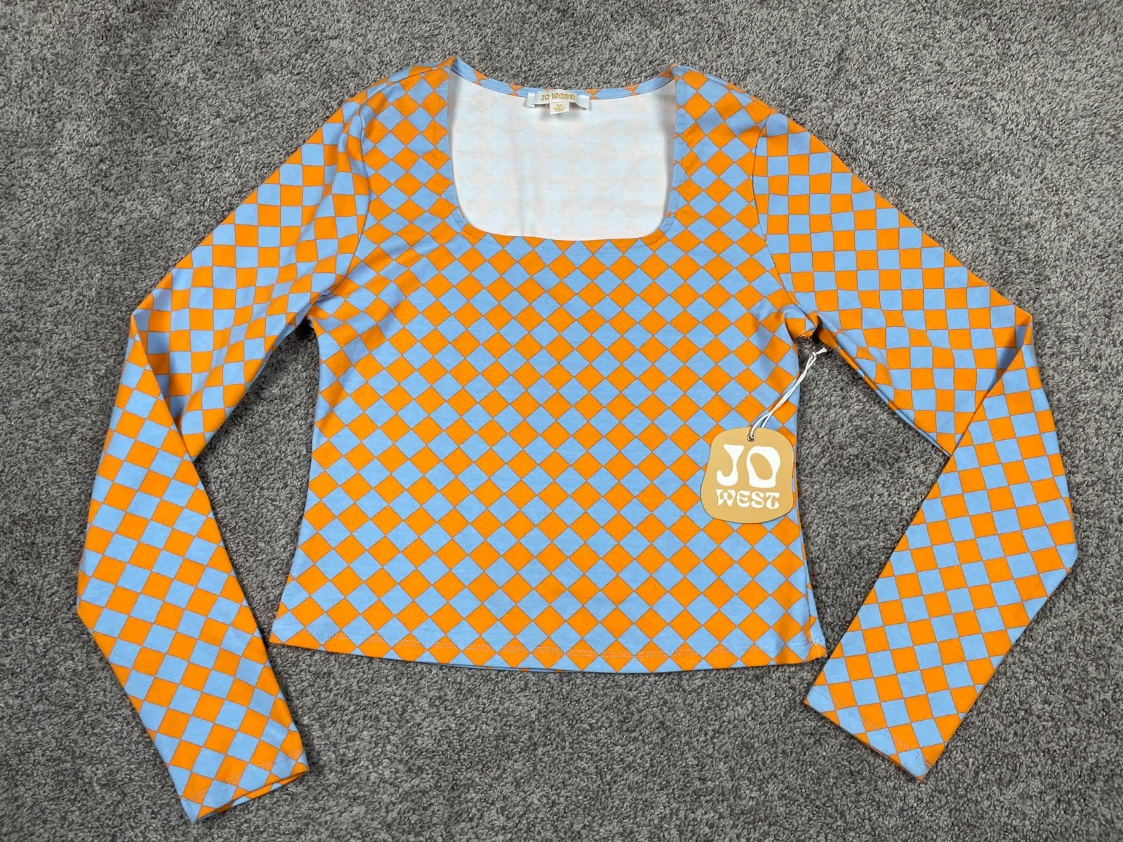 Jo West Shirt Womens Medium Retro Orange Diamond Crop Boho Unique Funky Top NEW