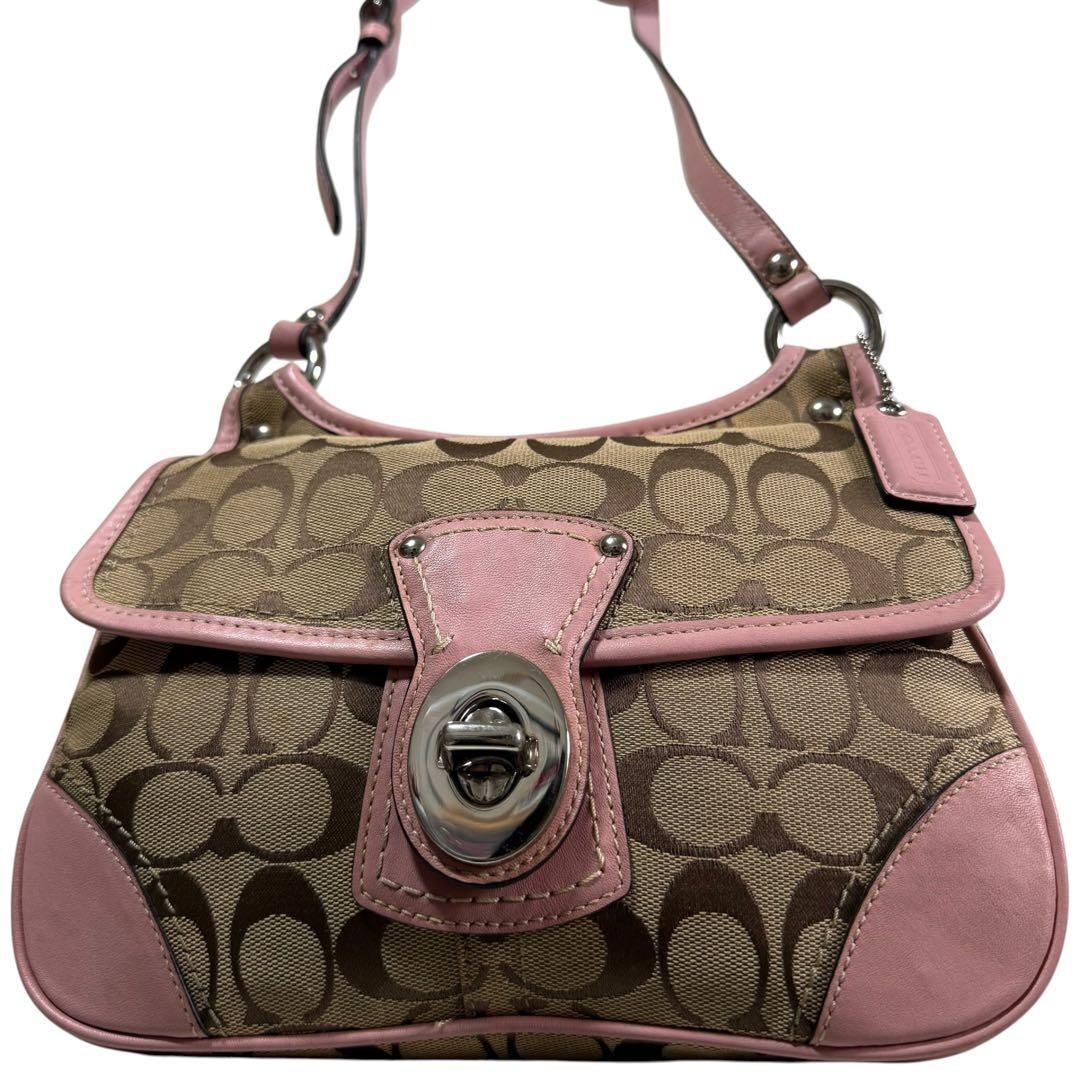 Coach Pink Signature Turn Lock Canvas Leather Shoulder Bag Crossbody Auth