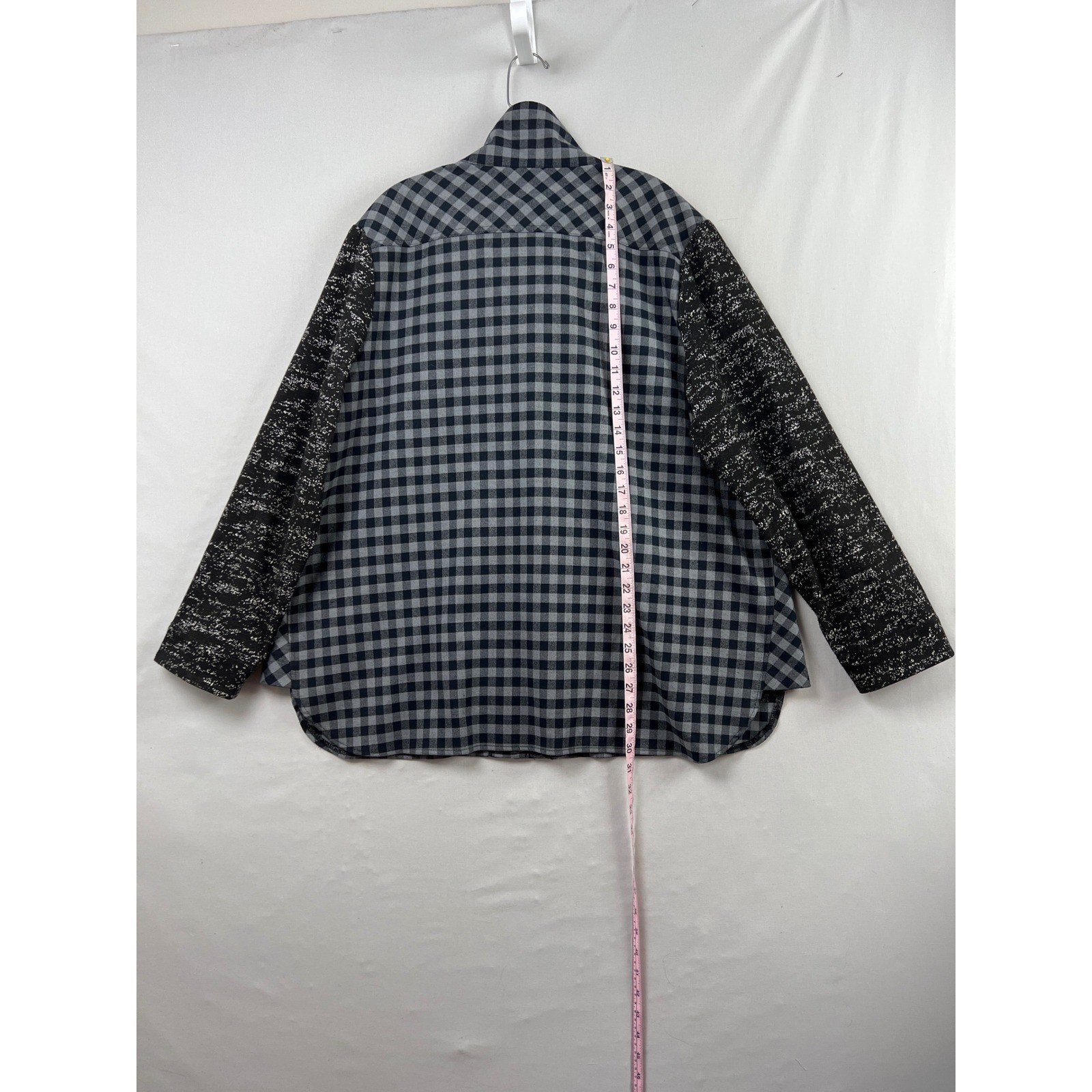 LOGO Lori Goldstein Plaid Jacket Womens 1X Navy Gray Black Mixed Media Snap Zip