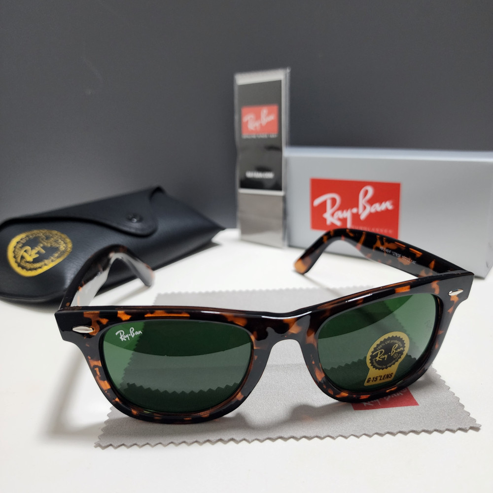 Ray-Ban RB2140-F Wayfarer Sunglasses Tortoise Frame Glass Green Lens 50-22 mm
