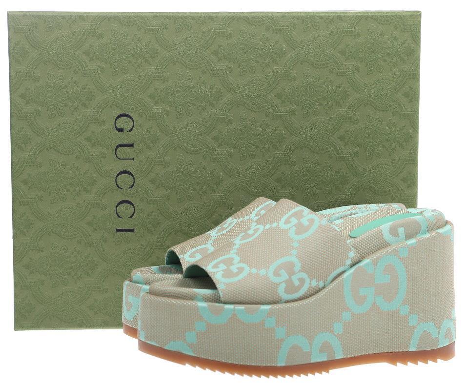 NEW GUCCI JUMBO GG SUPREME 120MM BEIGE LIME PLATFORM SANDALS SHOES 41/11