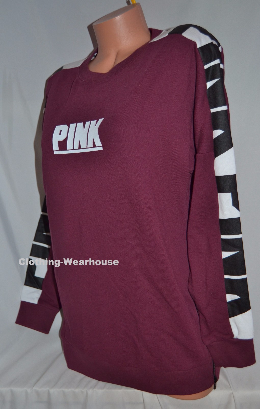 Victoria’s Secret PINK Red Black White Logo Side Zip Varsity Crew Pullover XS