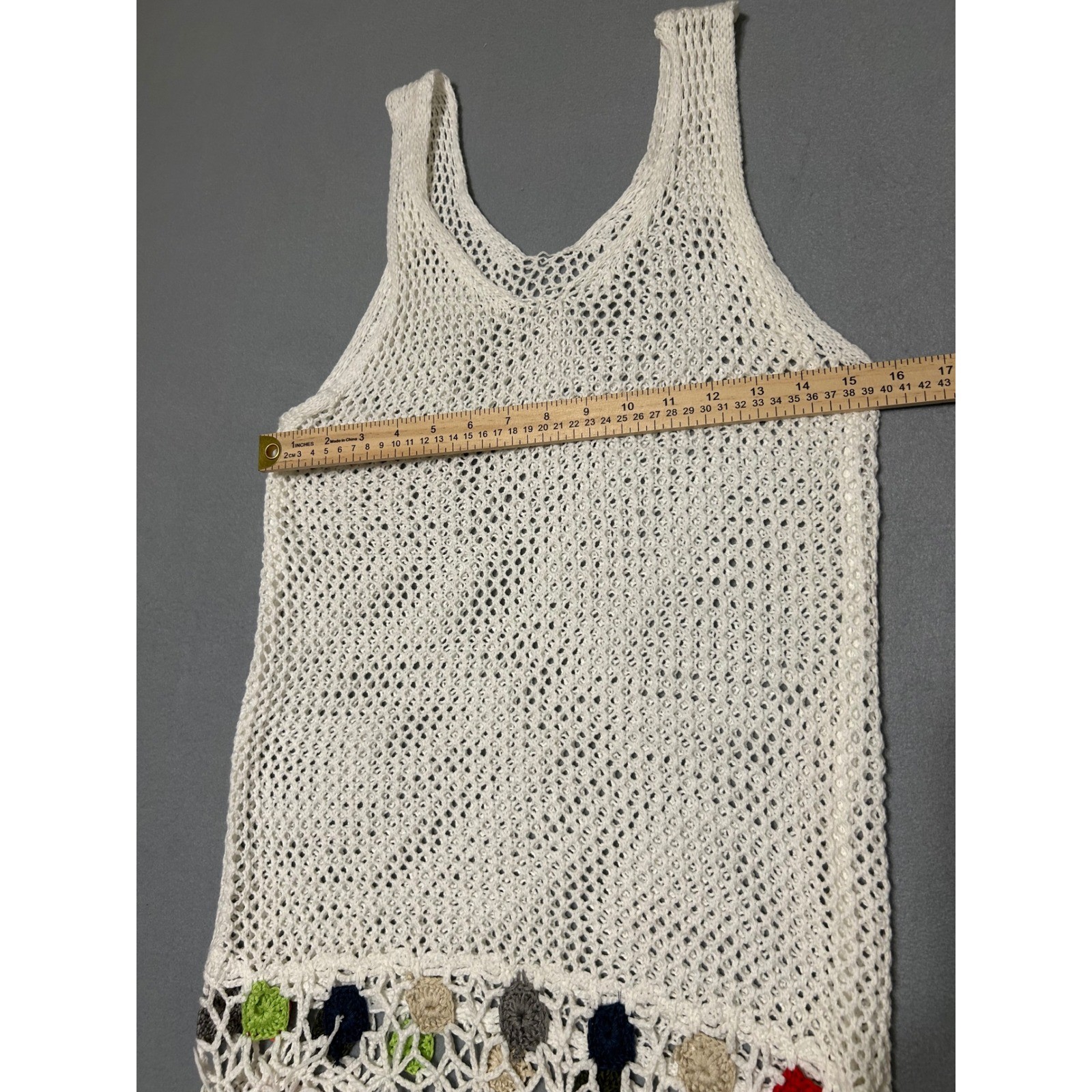White Crochet Knit Fringe Tank Top Multi Color Floral Accent Beach Cover Up