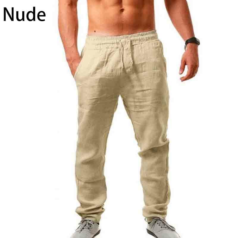 Mens Summer Linen Loose Trousers Casual Travel Beach Rope Tie Drawstring Pants