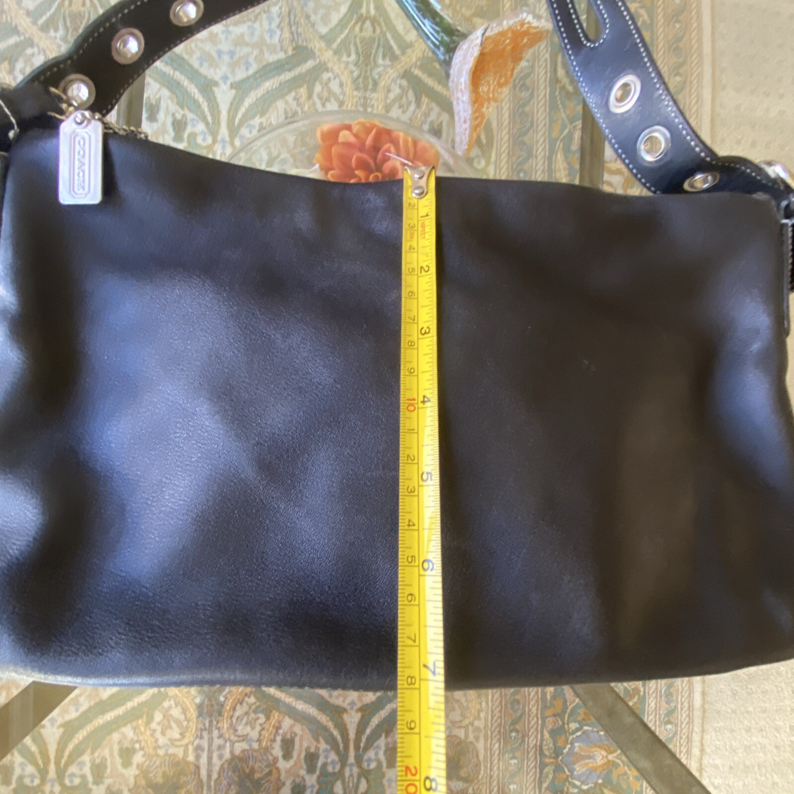 Coach Bag Hobo Black Leather Tassel Charm Vintage Pre-Owned Rectangle 10x7x3″