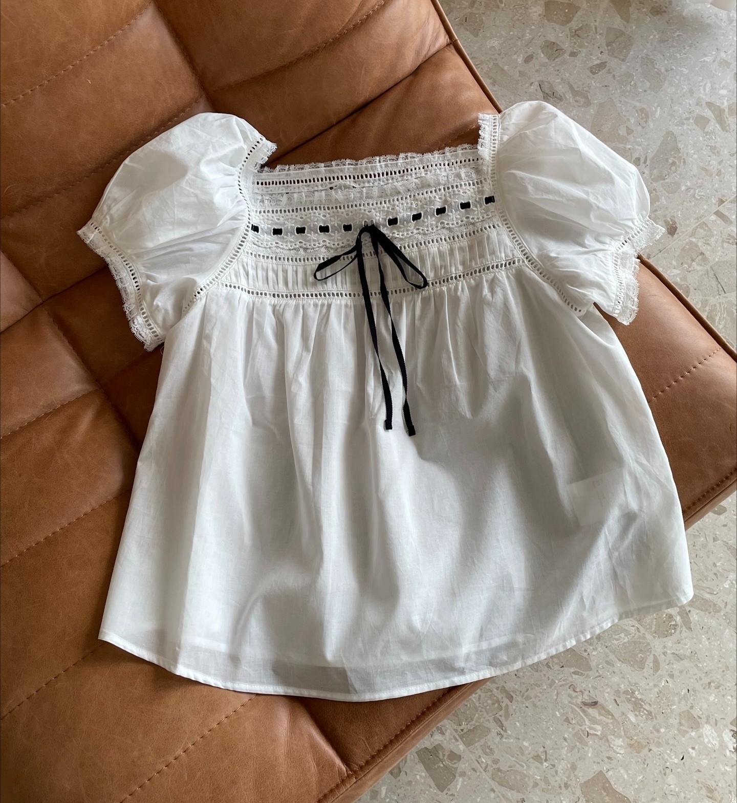 Women Doen Square Neck Lace Short Sleeve Loose Blouse Top