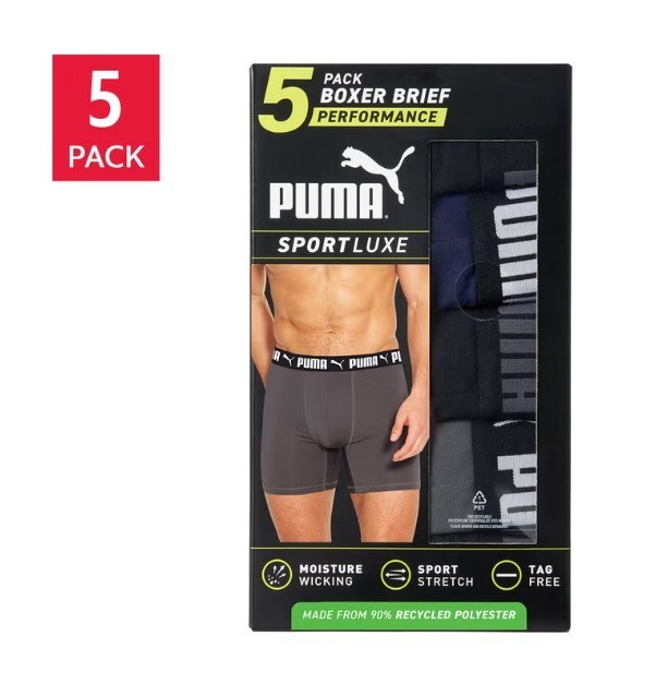 PUMA Men’s Boxer Brief, 5 pack Recycled Polyester Comfort Waistband