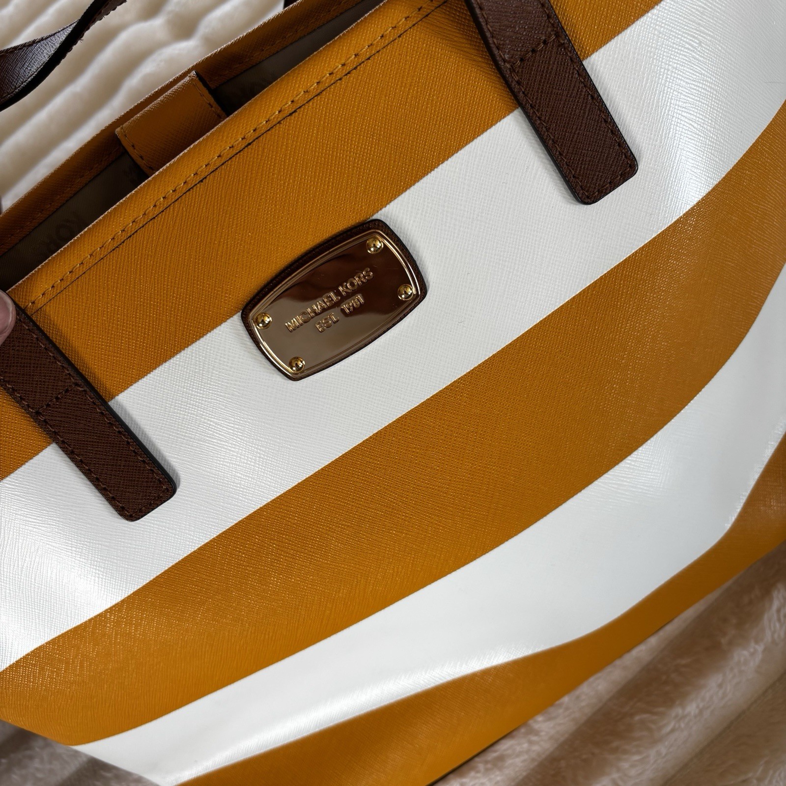 Michael Kors purse, Yellow And White Stripped, With Brown Straps.