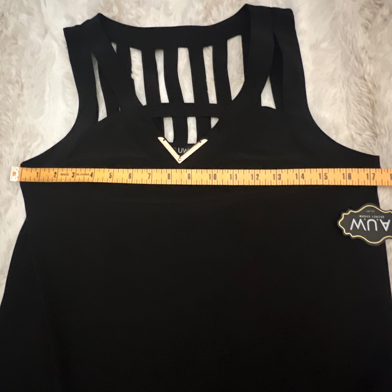NWT AUW Black Sleeveless Top Cutout Neckline Gold Detail Modern Blouse