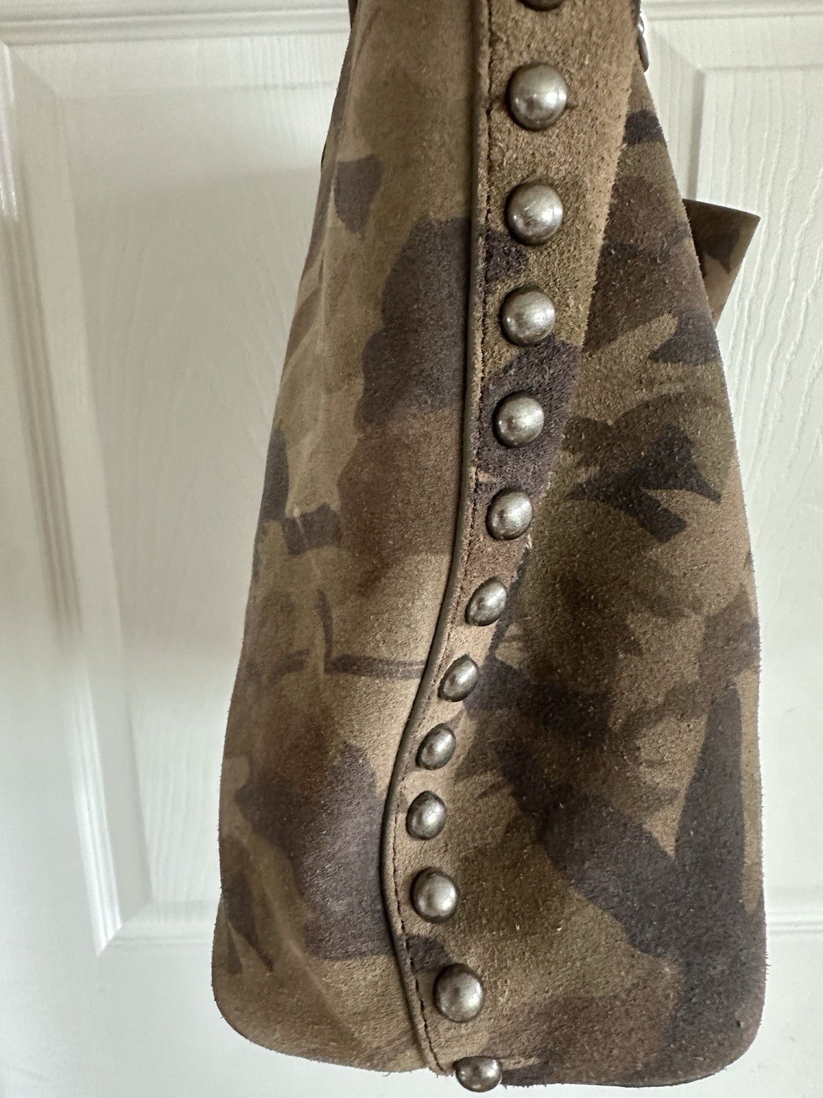 Rebecca Minkoff Suede Camo Studded Tote Handbag In Olive And Brown