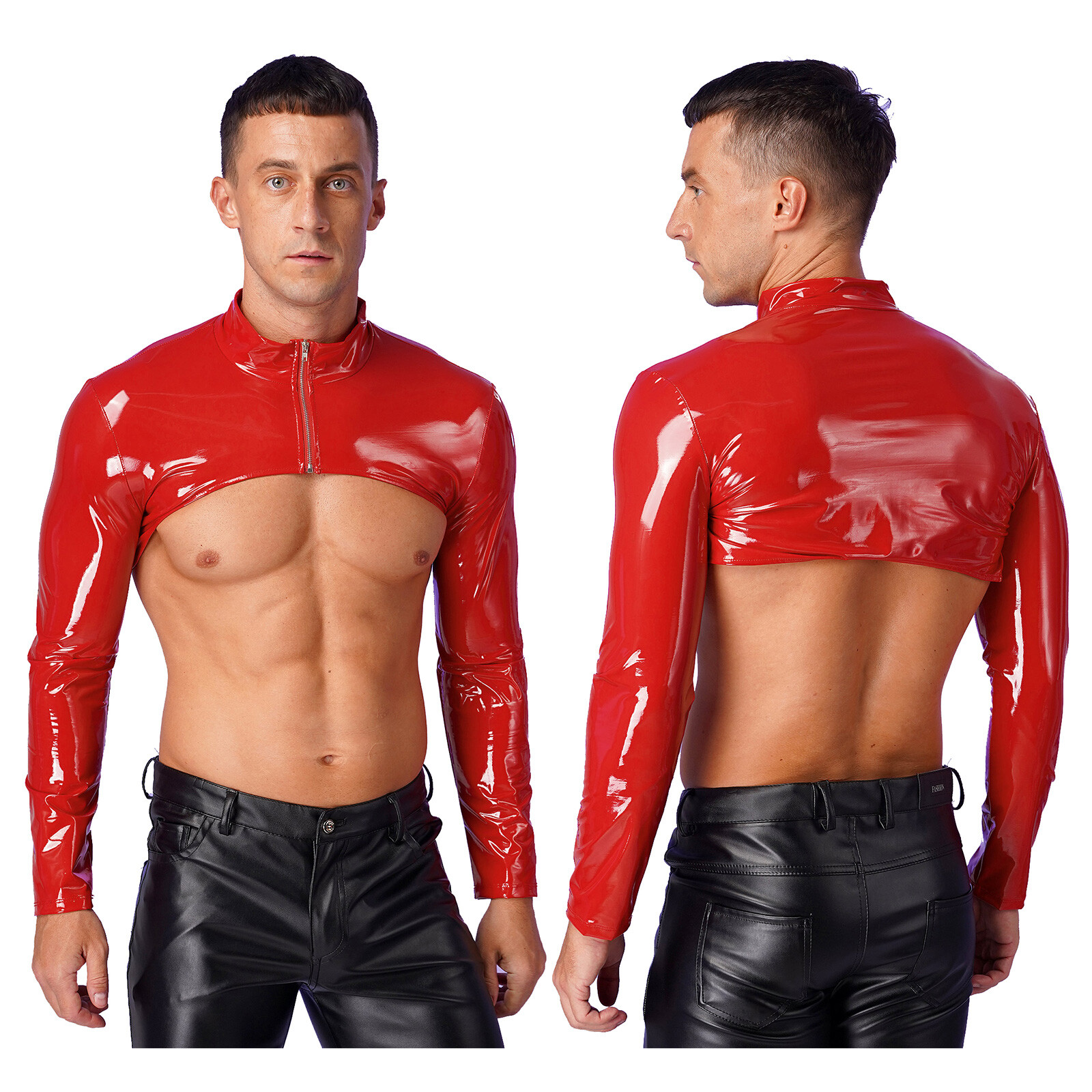 US Men Crop Top Carnivals Shrug Stand Collar Clubwear Cosplay T-Shirt Shiny Vest