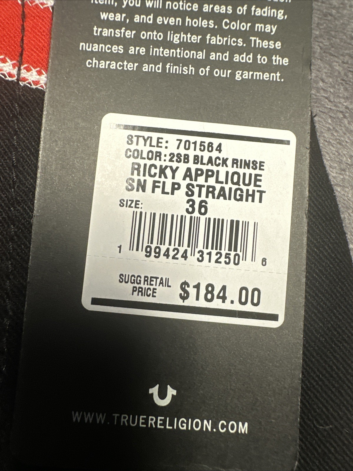 True Religion Ricky Appliqué SN Flap Straight “2SB Black Rinse” 36×30 #701654