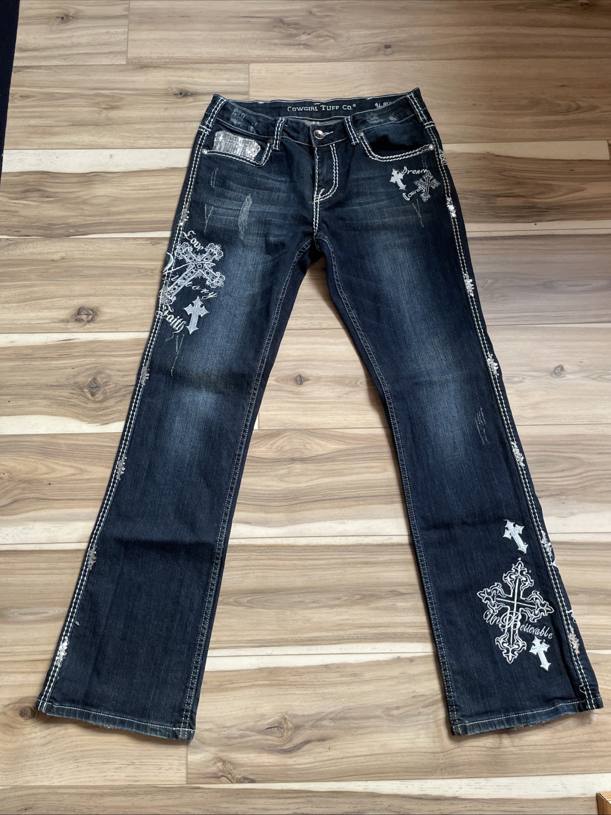 Cowgirl Tuff Blue Bootcut Jeans Women 29×31 Unbelievable Indigo Embroider Sequin