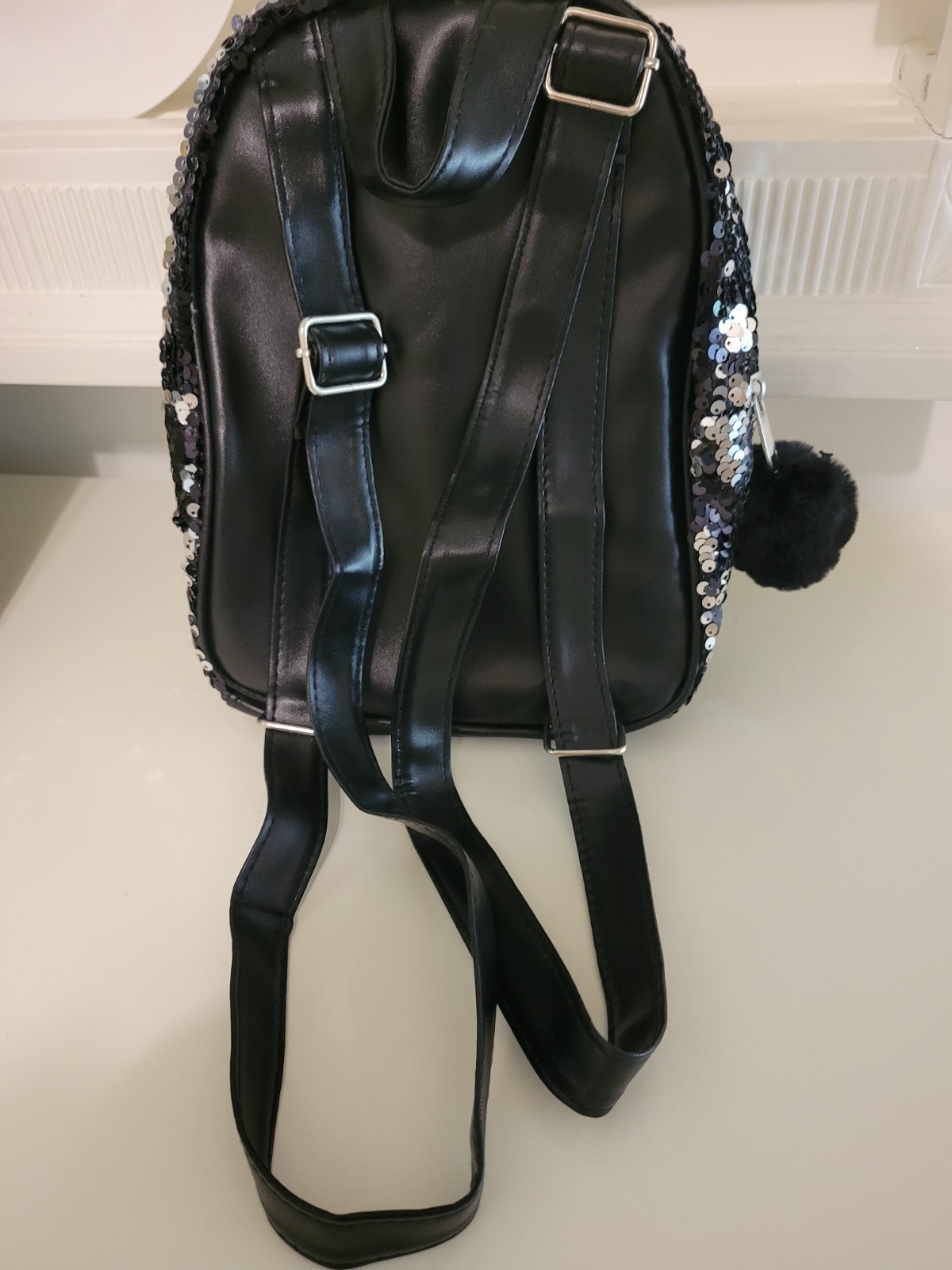 Girls Mini Cat Backpack Black Sequin Faux Fur Zip Closure Adjustable Strap
