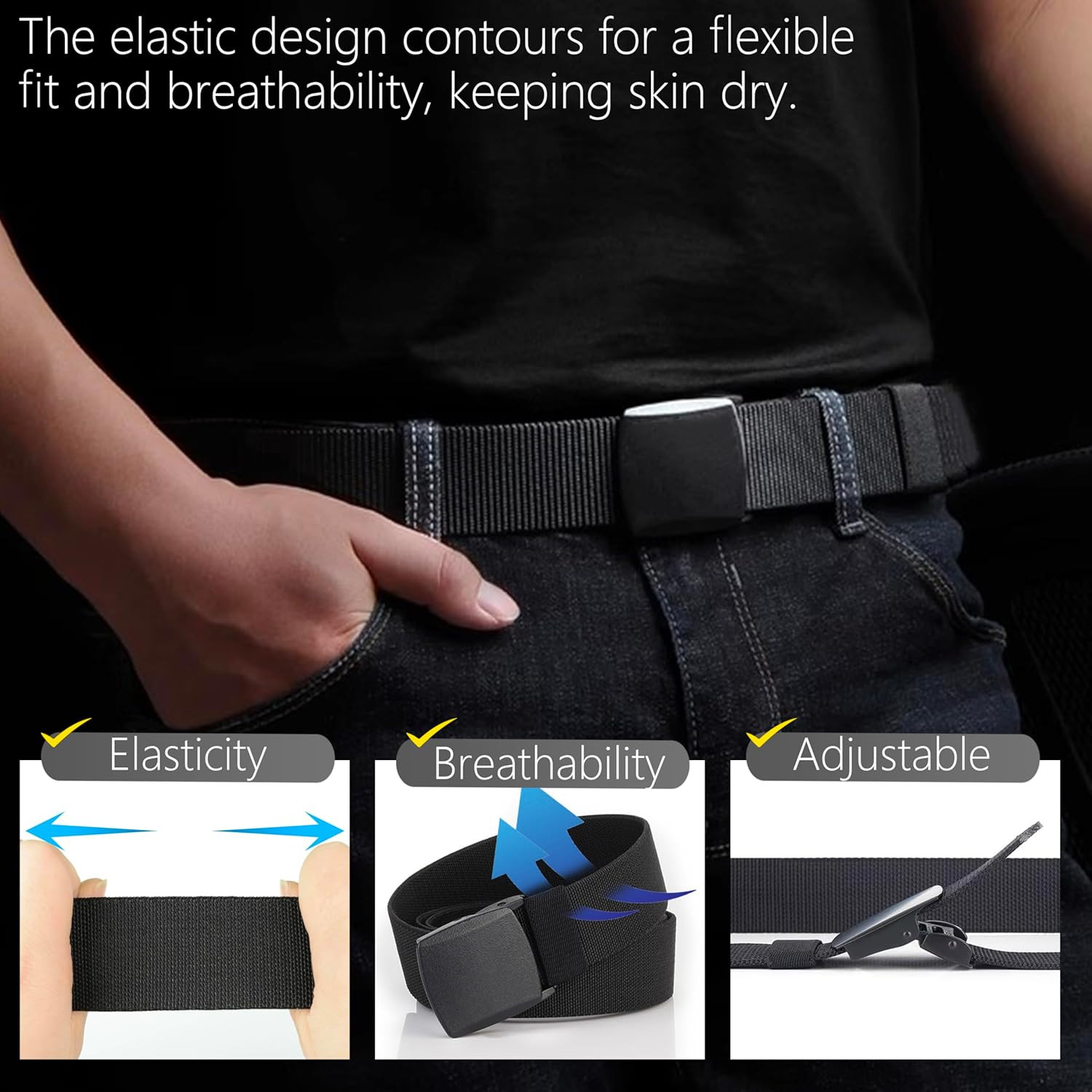 Men’s Adjustable Tactical Belt TSA Approved Metal-Free Elastic Stretch Belt Navy
