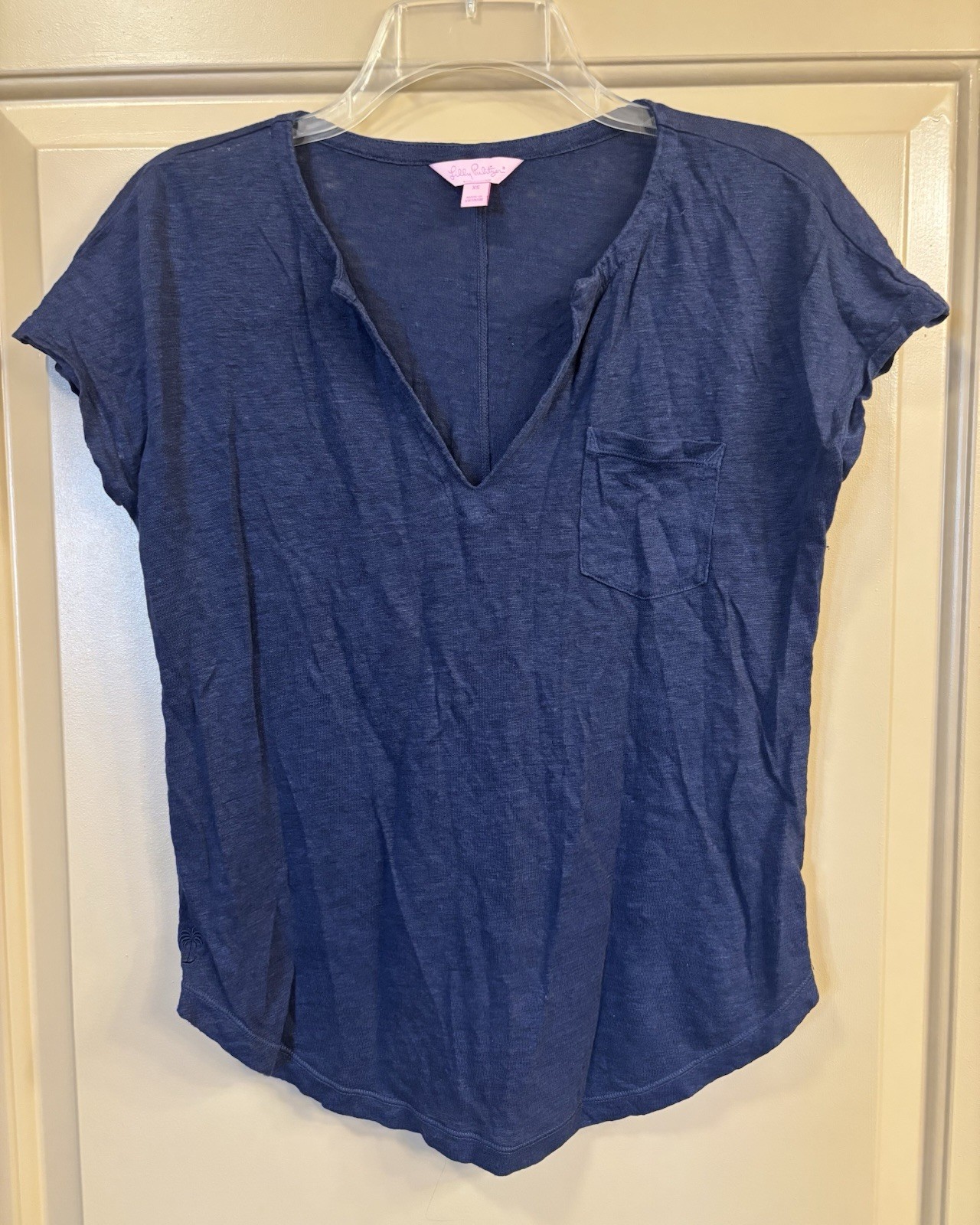 Lilly Pulitzer Navy Blue 100% Linen Duval V-Neck Top Size XS Casual Travel Beach