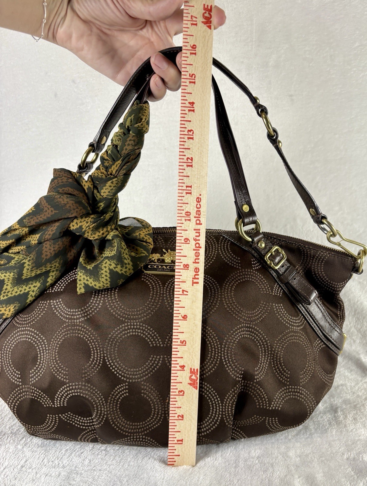 Coach Madison Dotted Op Art Sophia Satchel In Brown Sateen With Scarf