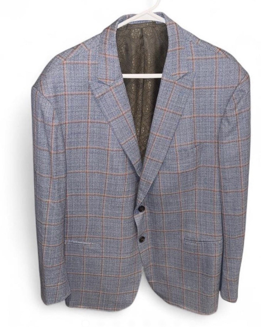 JR Custom Men’s Blue Red Plaid Tweed Wool Sport Coat 38R 2-Button