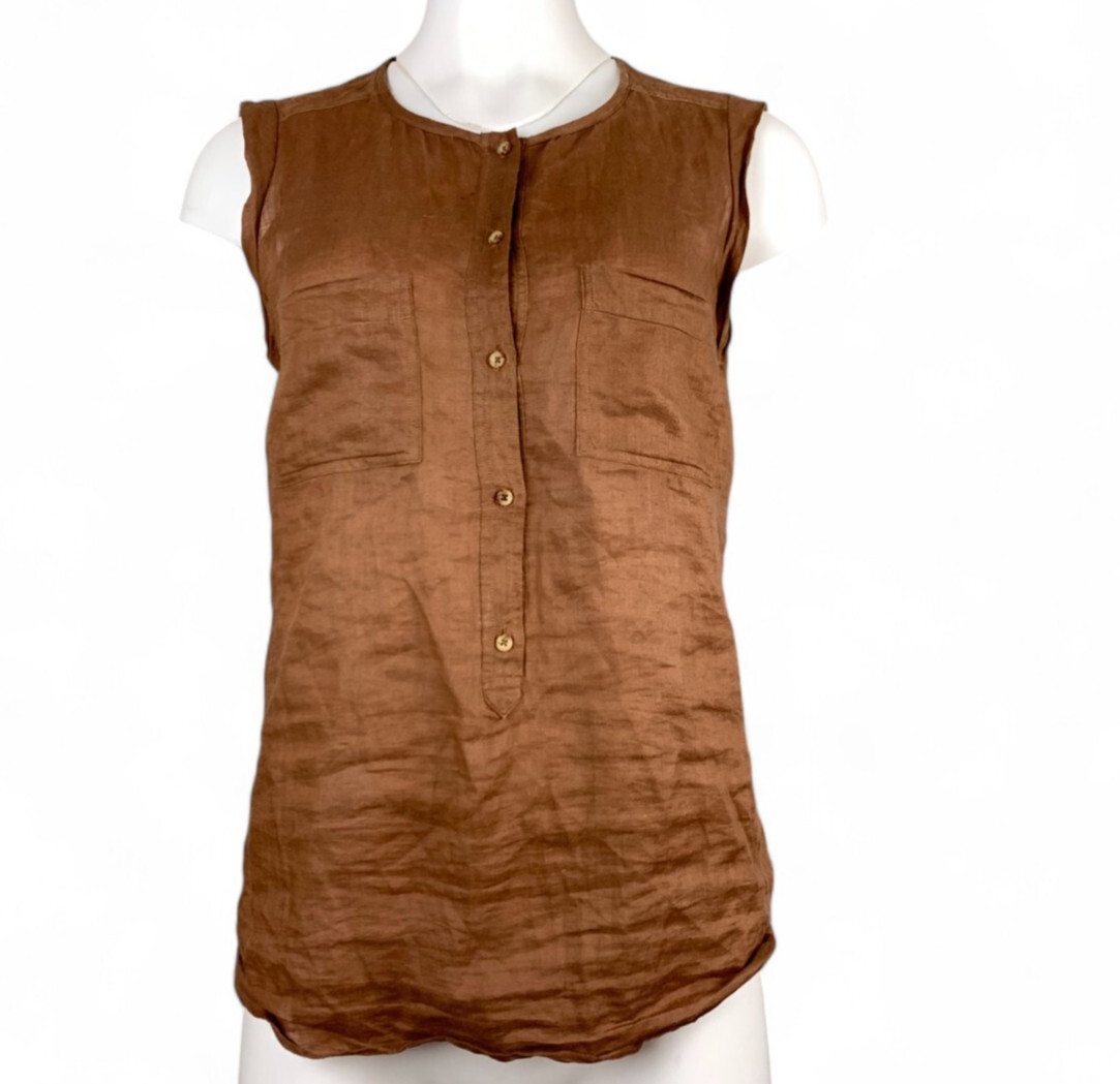 Massimo Dutti Top Blouse 100% Ramie Button Popover Collarless Pocket Brown 6