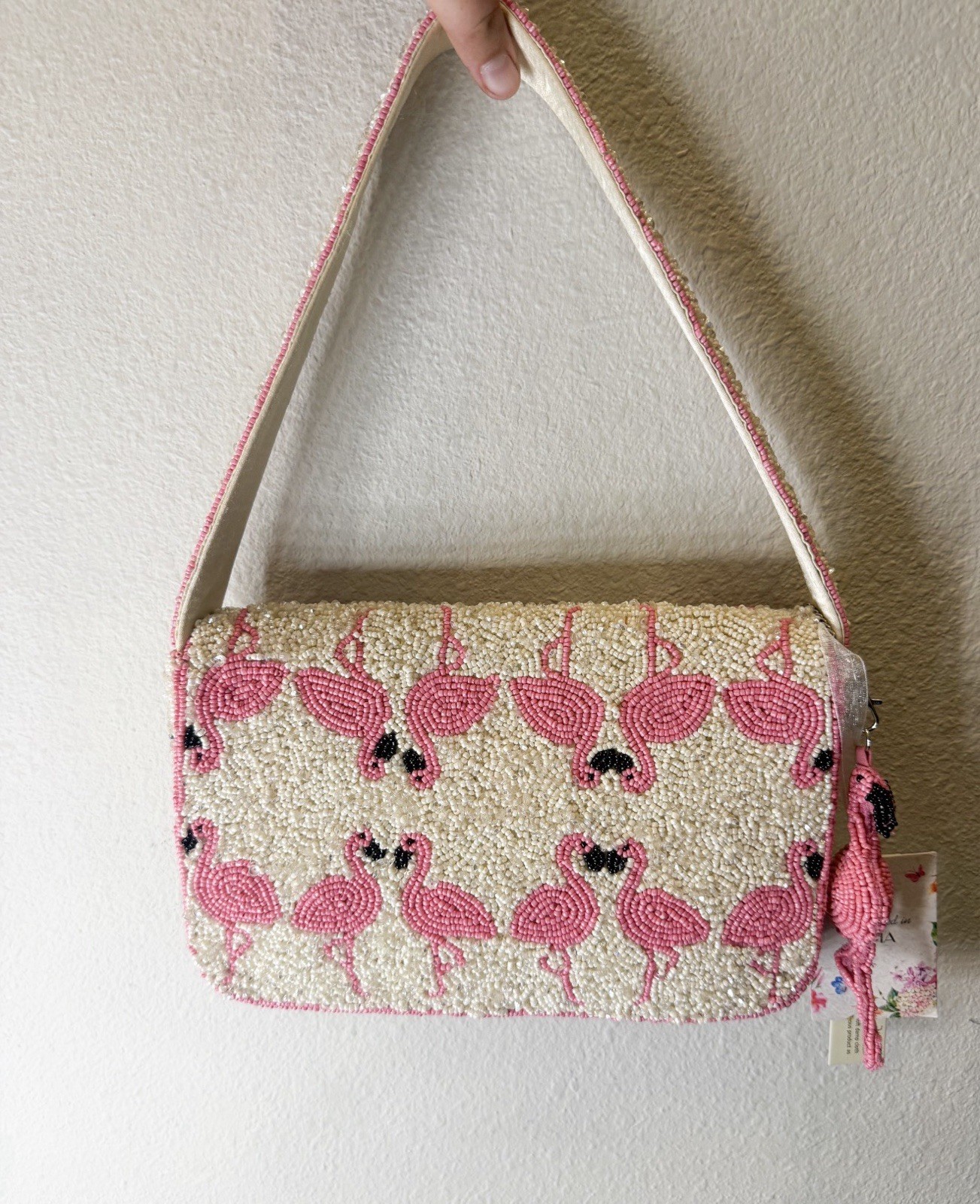 Beaded Flamingo Small Rectangle Shoulder Bag Zip Silver Hardware Beige Pink