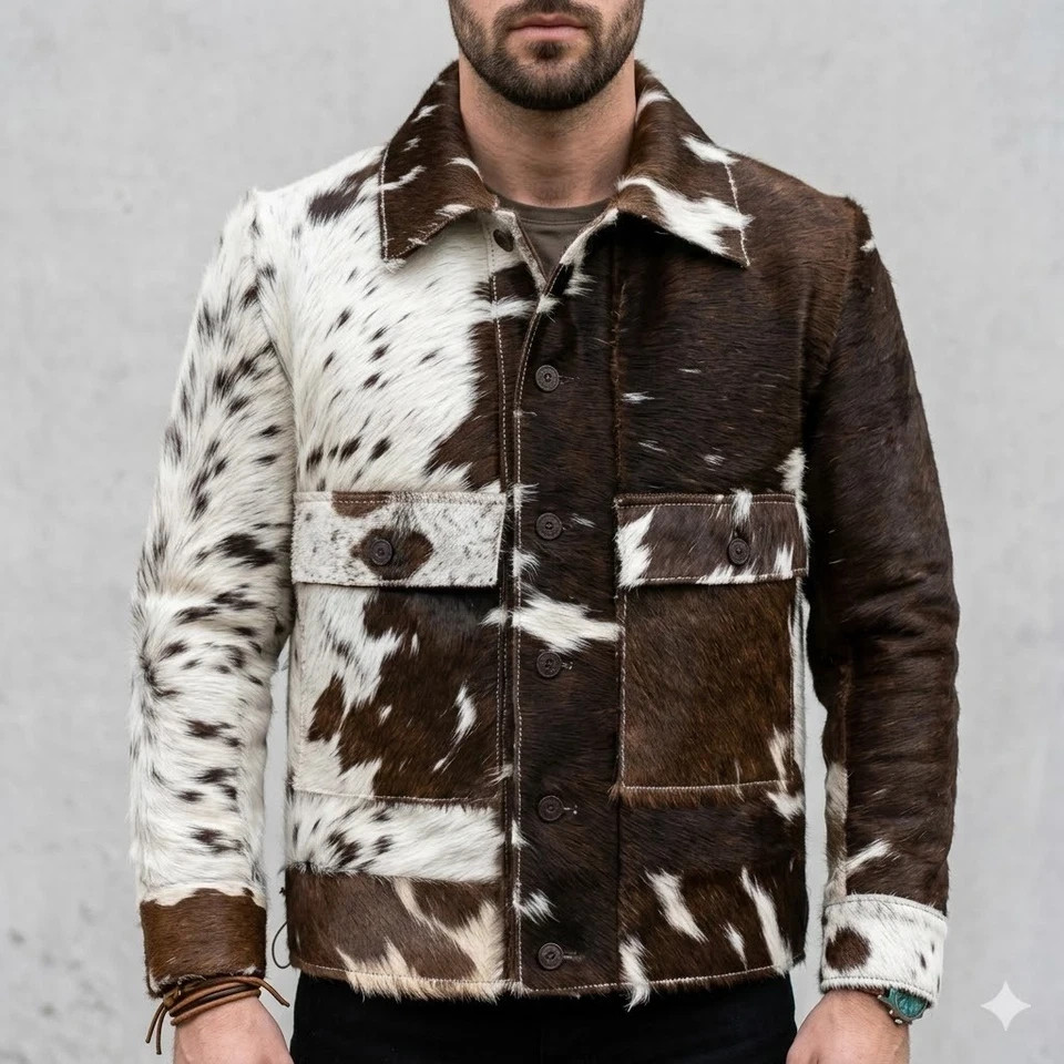 Men’s Brown and White Patchwork Cowhide Hair-On Leather Jacket – Front Button.