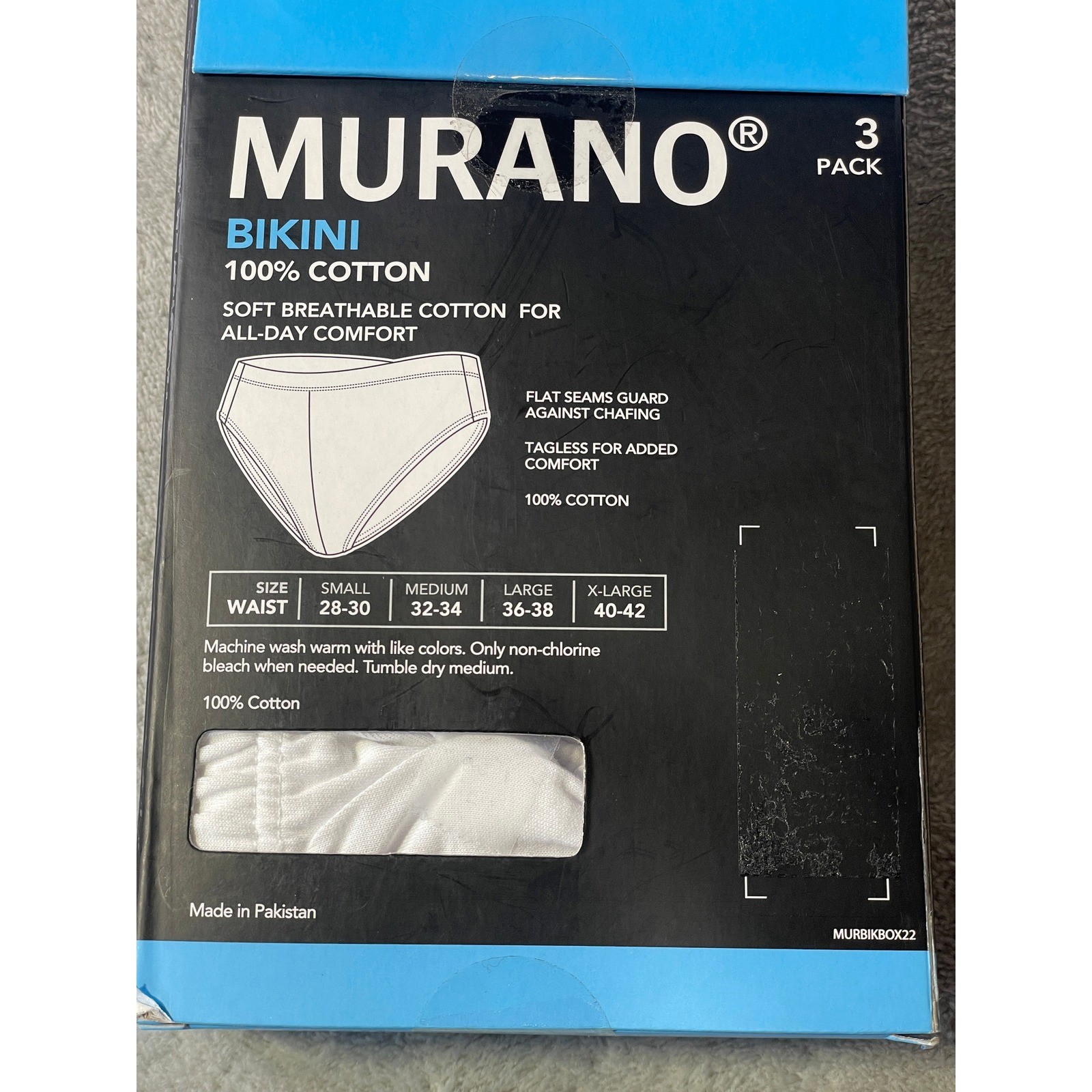 Murano Bikini Briefs 3 Pack Mens Medium 32-34 White 100% Cotton Tagless
