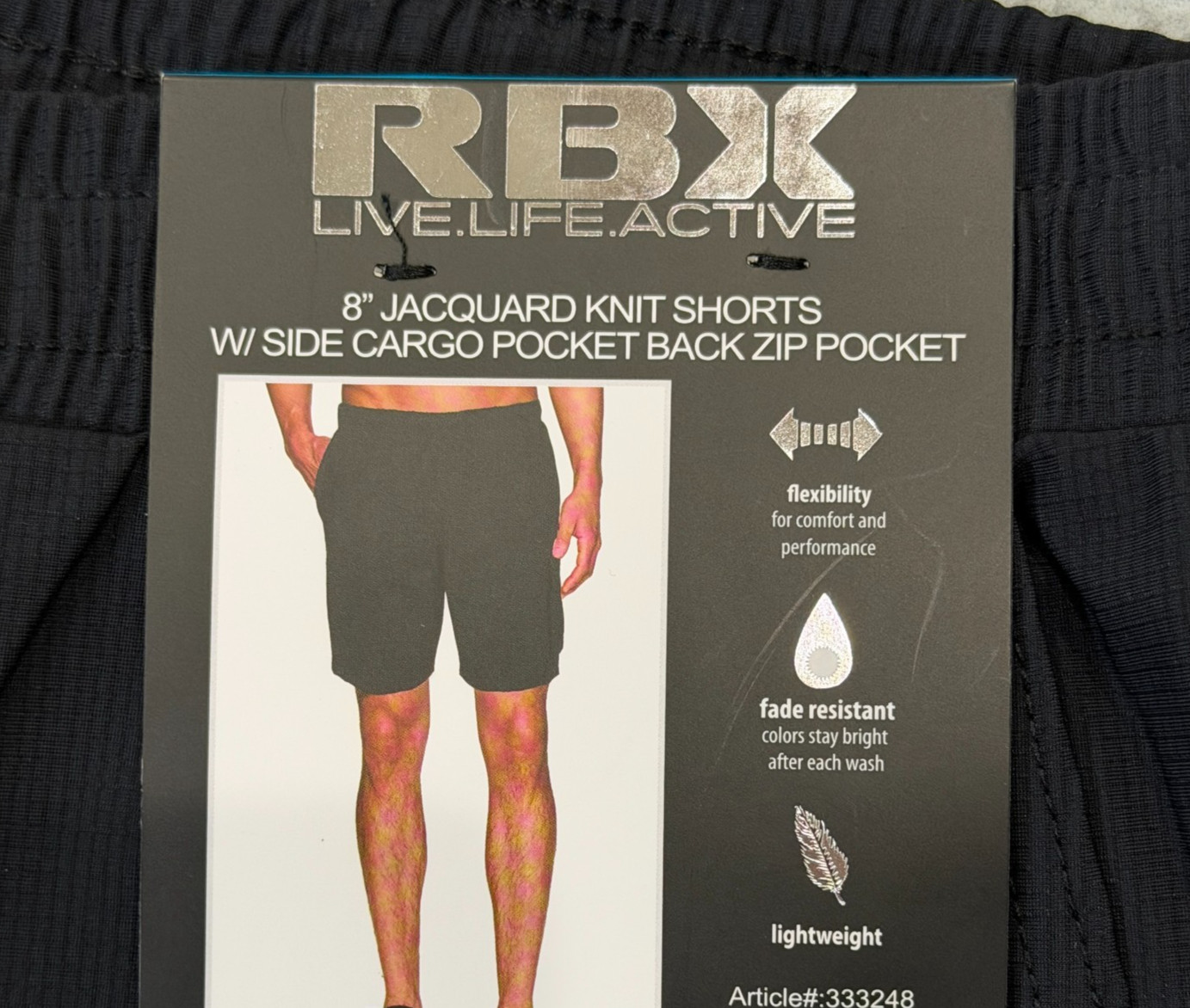 RBX Mens 8″ Jacquard Knit Training Shorts Cargo Back Zip Pocket Choice Sz/Color