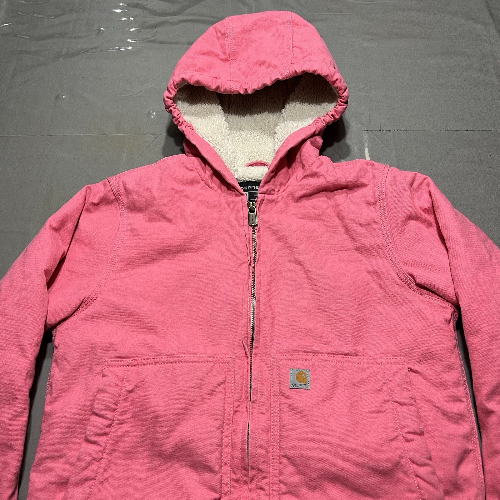 Carhartt OJ9564-G Girls Medium (10-12) Sherpa Hooded Jacket Pink Canvas Full Zip
