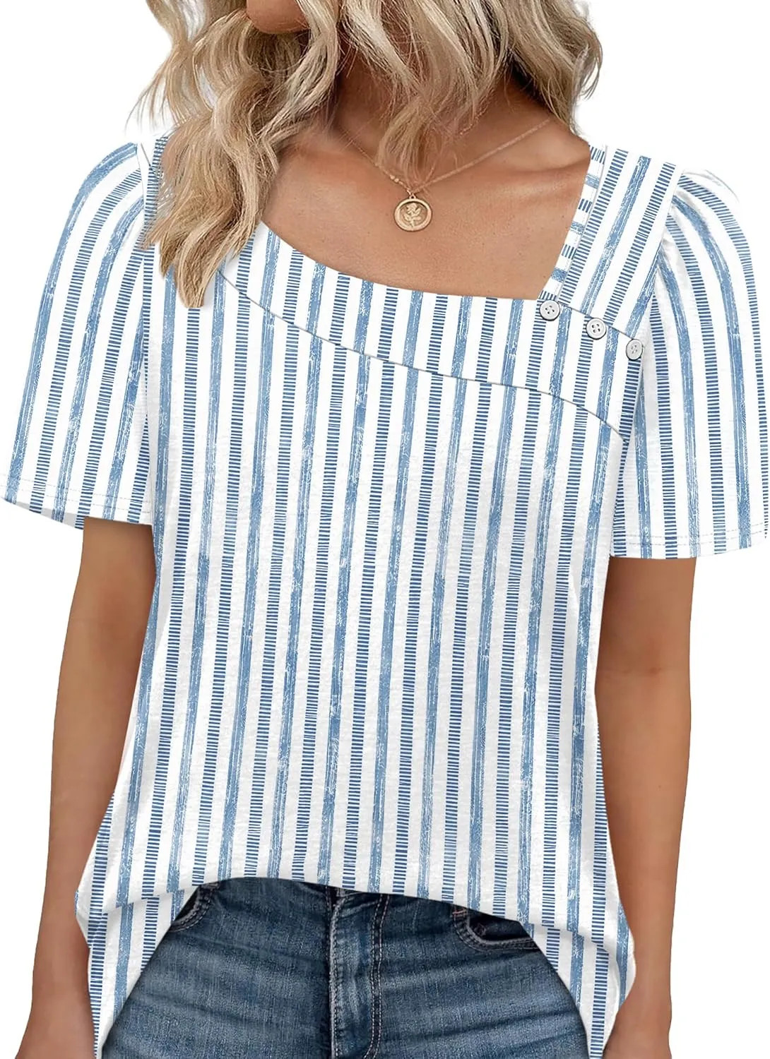 WIHOLL Womens Square Neck Short Sleeve Blouse Summer Casual Top Shirt