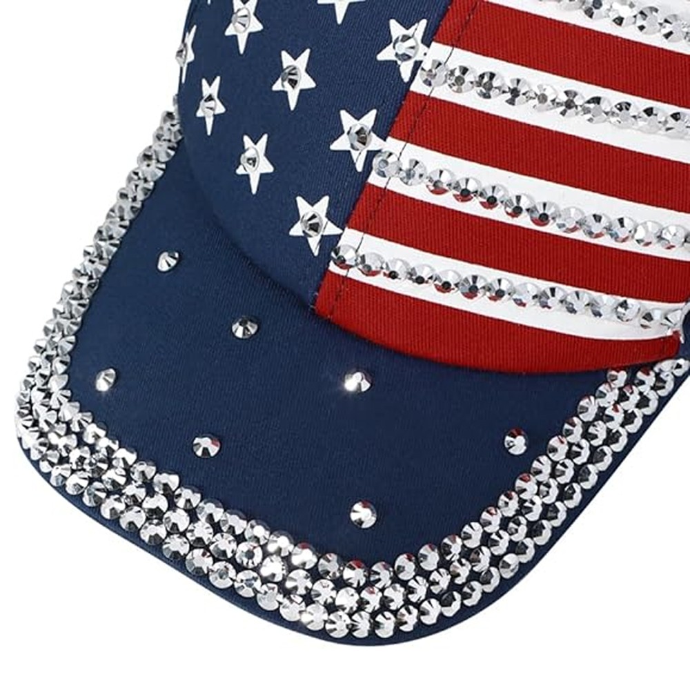 Navy Blue Sparkle Bling Rhinestone Patriotic American Flag Baseball Hat Cap US