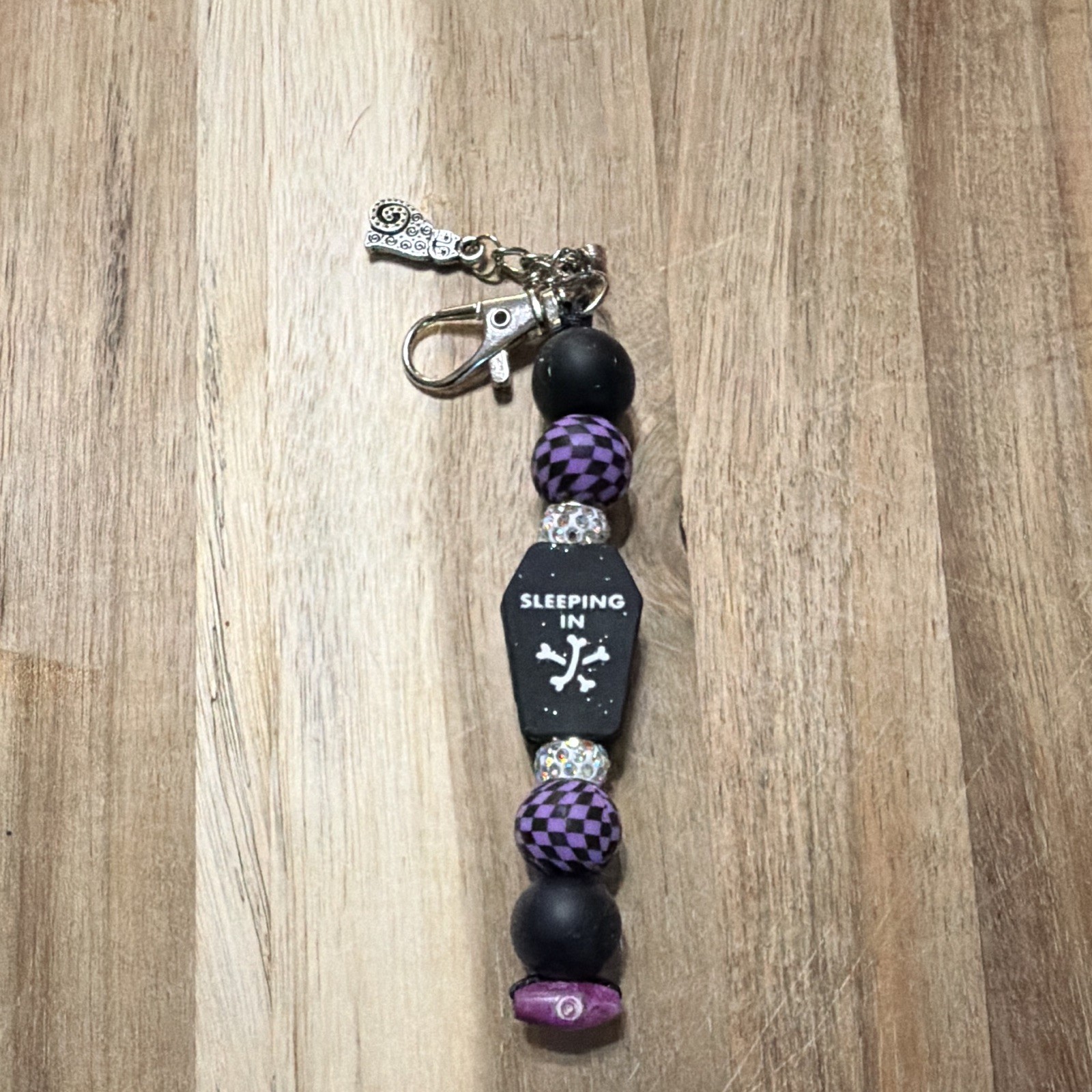 Beaded Purple Black Silver Key Chain Skeleton Skull Coffin Rhinestone Check
