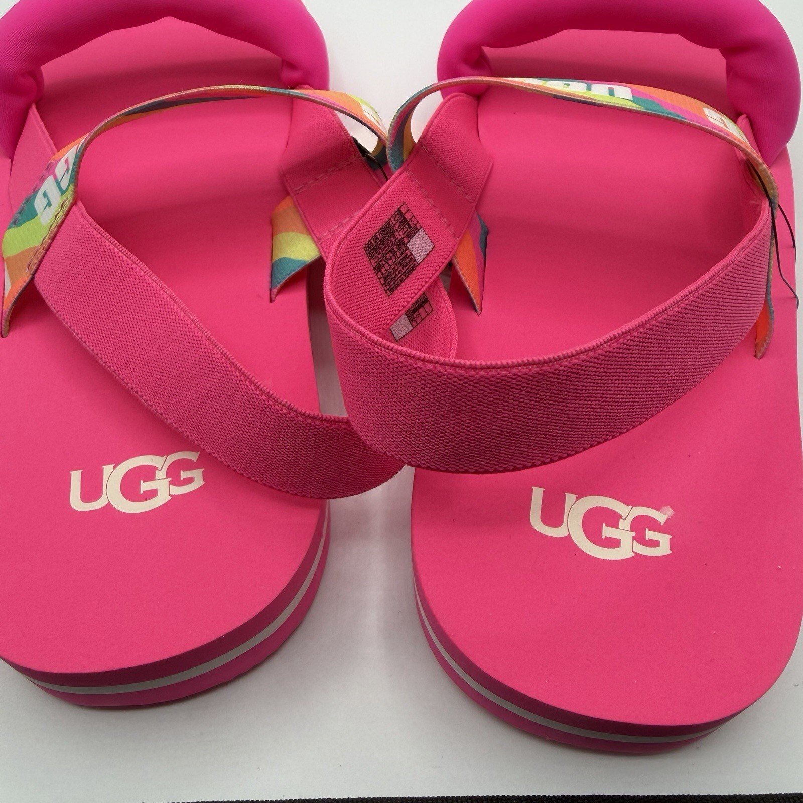 UGG Zuma Sling Sandals Neon Pink Rainbow Logo Strap Kids 5 Womens 7 NWT