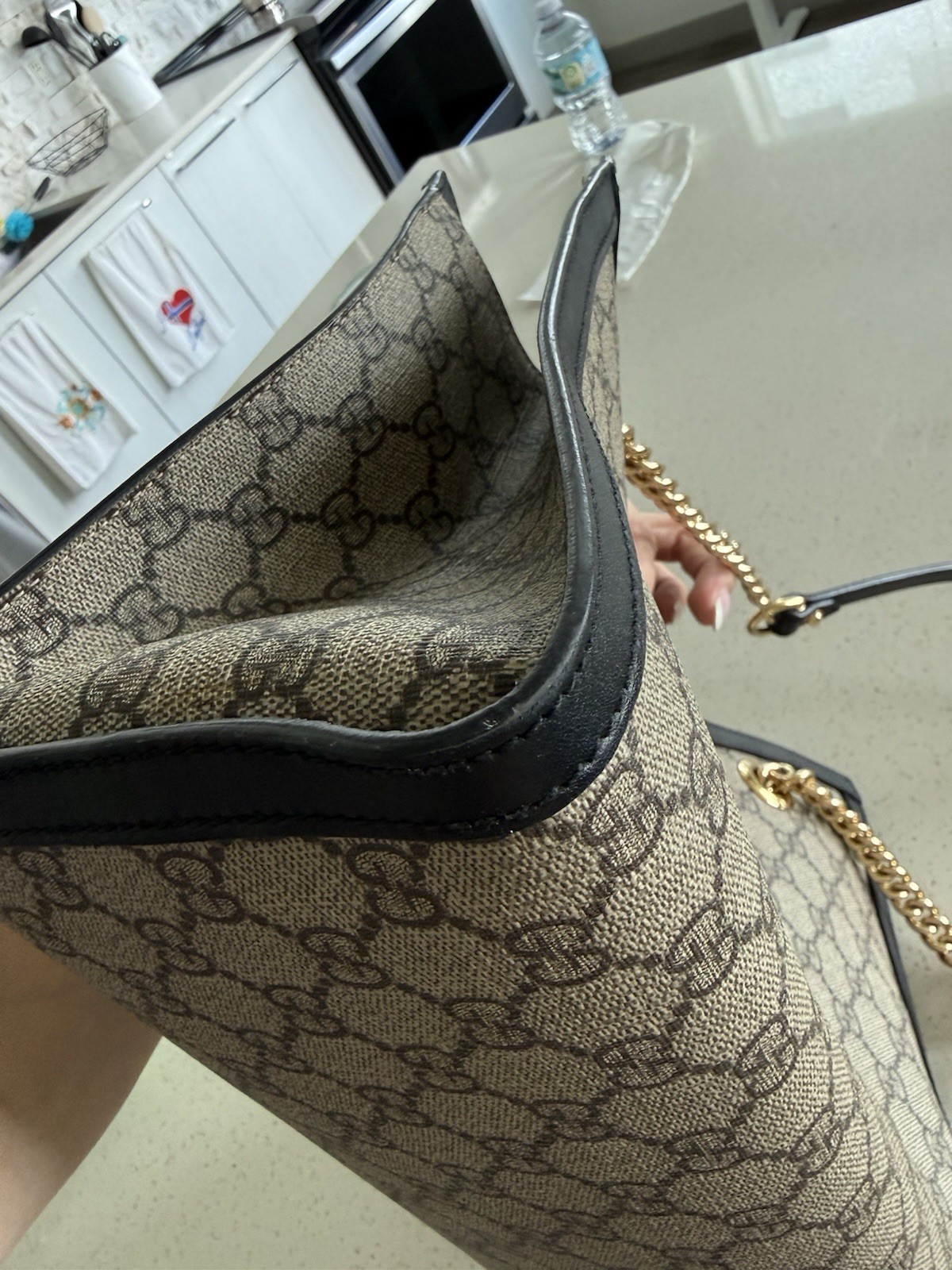 Gucci GG Padlock Medium Top Handle Bag Beige Black Gold Lock Chain Strap