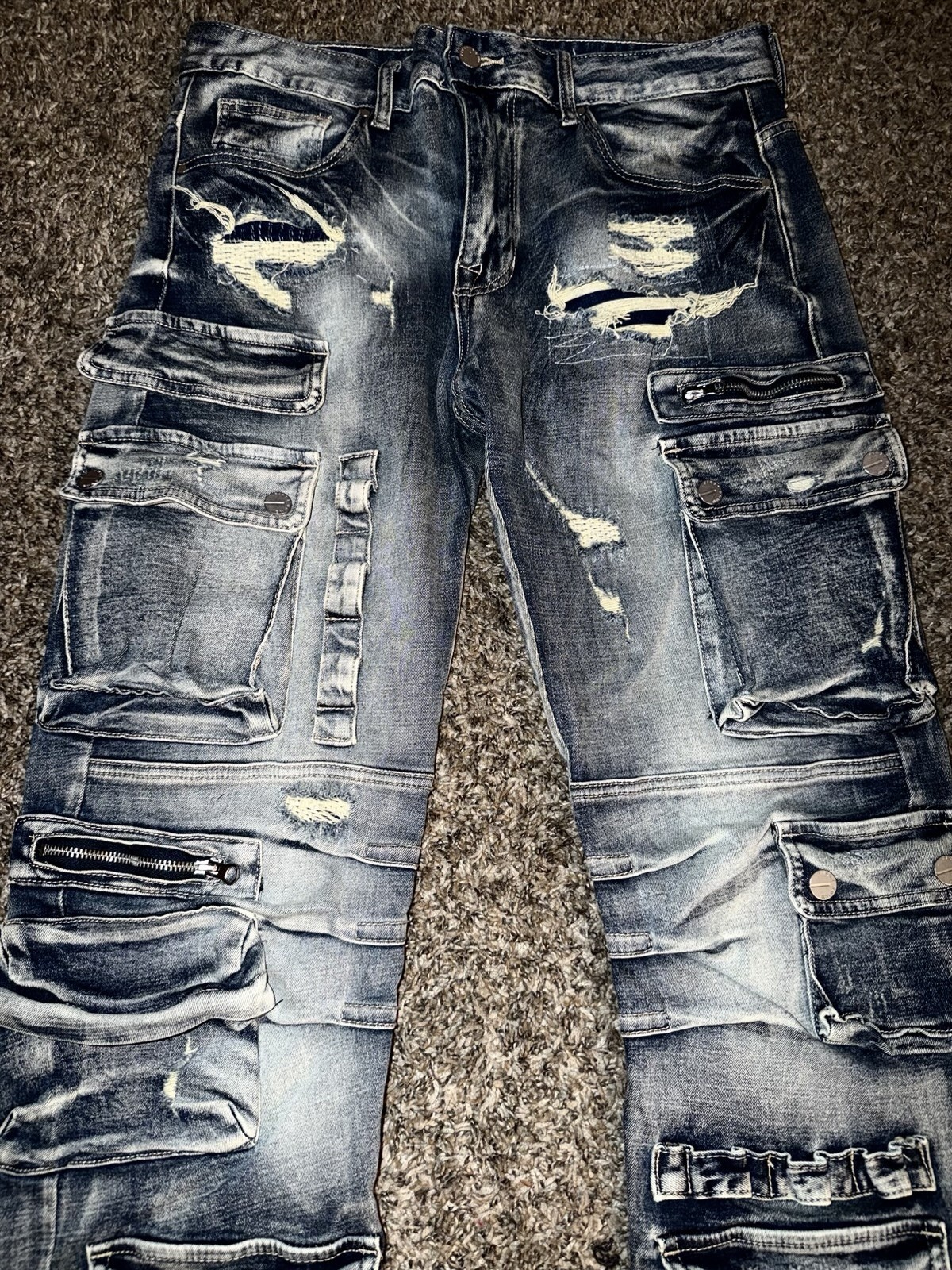 Men’s Cargo Utility Distressed Pocket Jeans Pants Stretch Blue Denim Urban 34-32