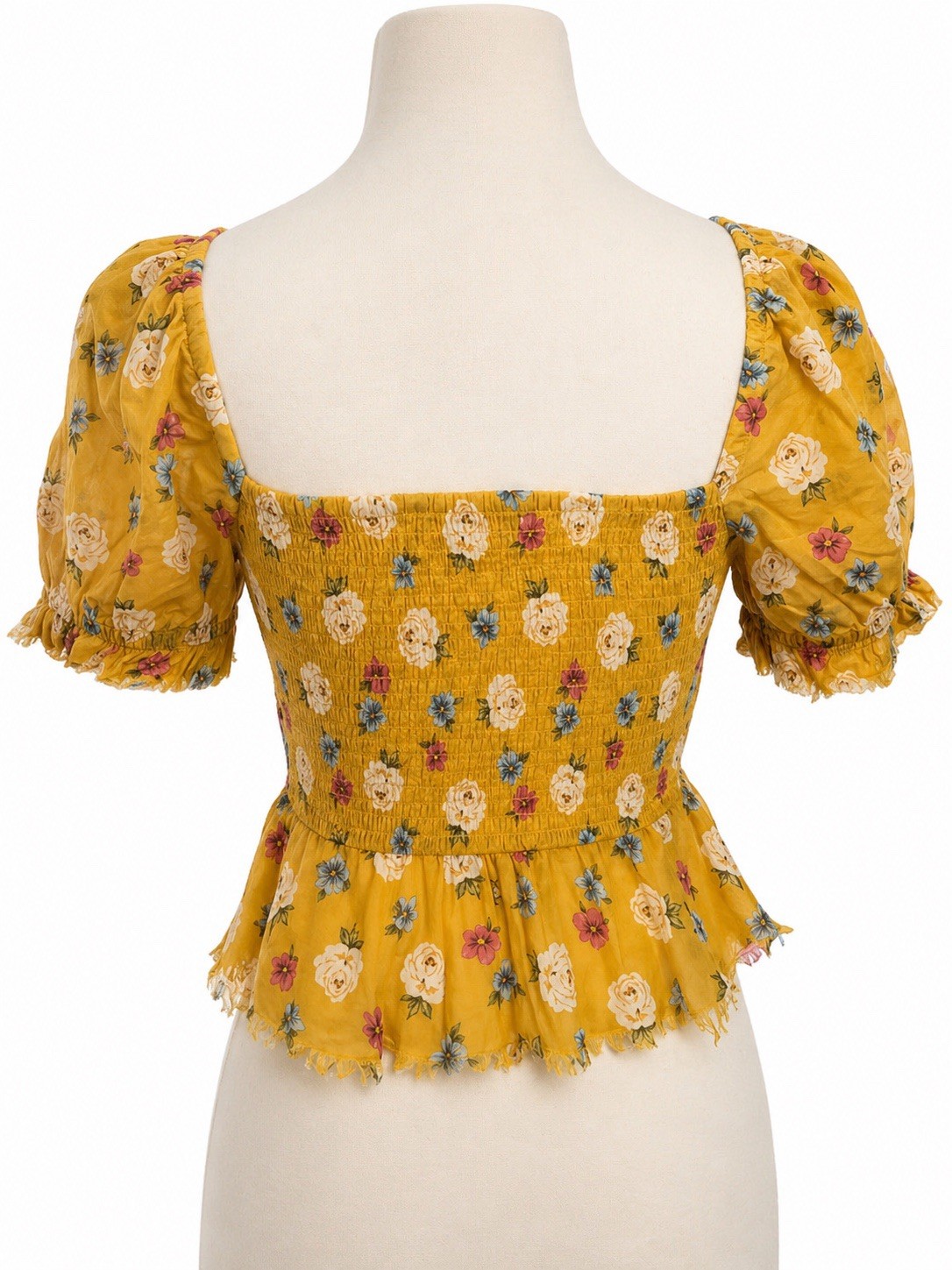 Aeropostale Yellow Floral Puff Sleeve Tie Front Crop Top Peplum Cottagecore S