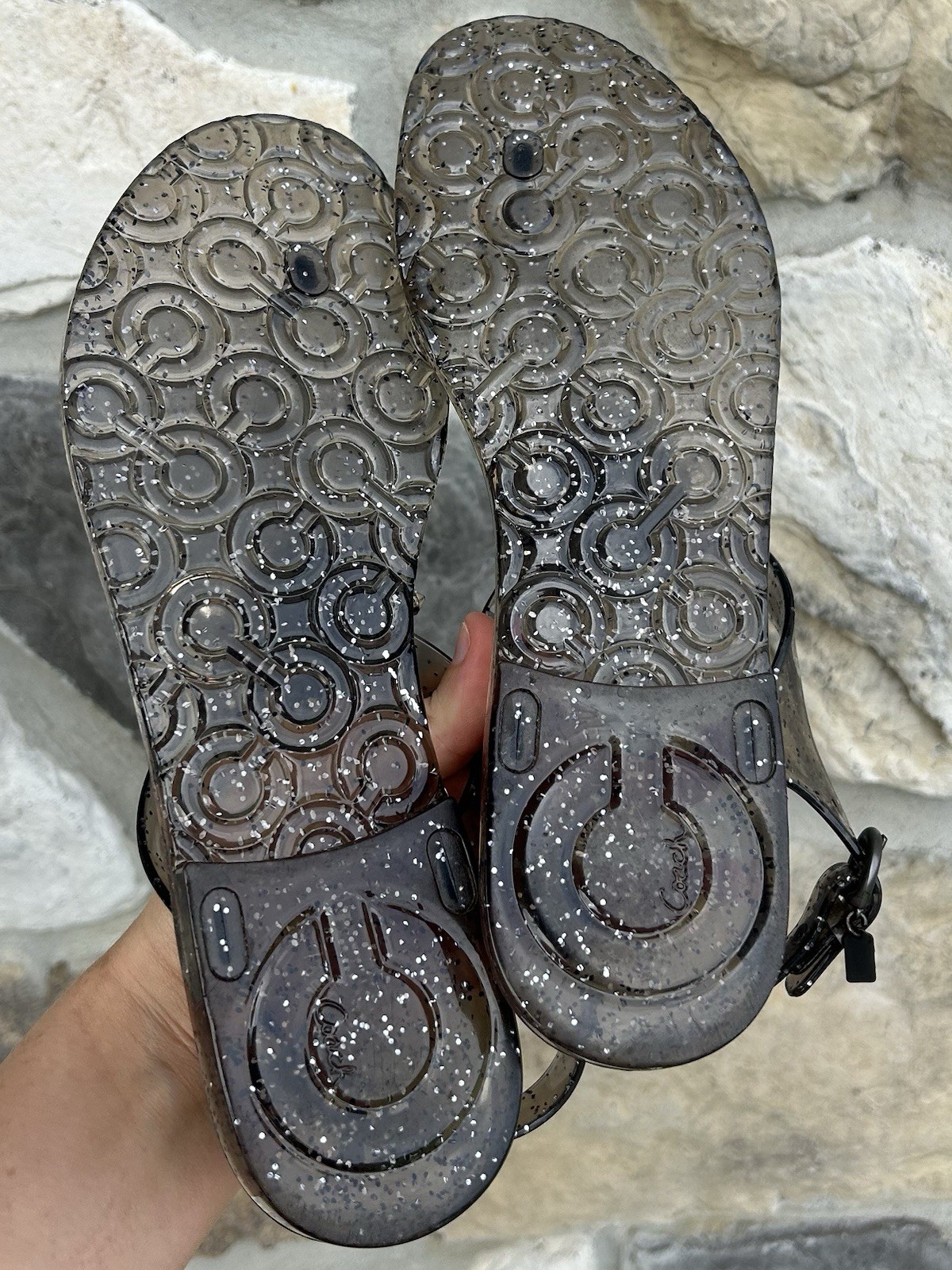 Coach Hilda Jelly Sandals Size 9 Black Embellished Glitter Designer Resortwear