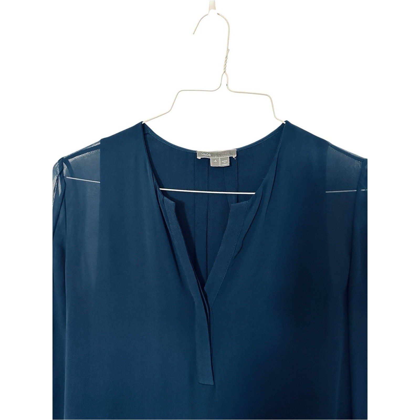 Vince 100% Silk Double Layer Shirttail Dress Navy Sheer Sleeves Size 4