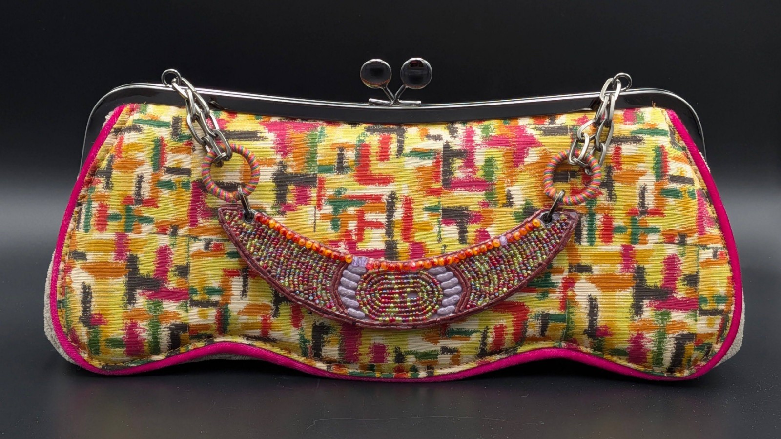 Mary Frances Embellished Frame Clutch Bag Beaded Floral Appliqué Textile Purse