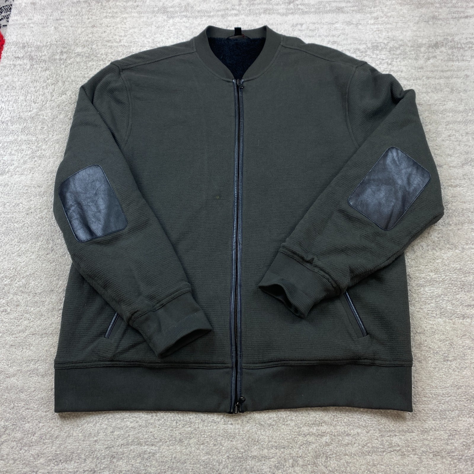 John Varvatos Waffle Bomber Jacket 2XL XXL Green Zip Sherpa Lined Padded Elbow