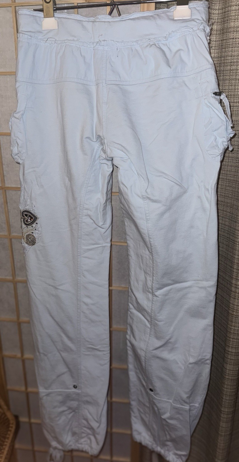 Tokyo Light Blue Cargo Pants Denim 100% Cotton Embroidery Sequins Size Small