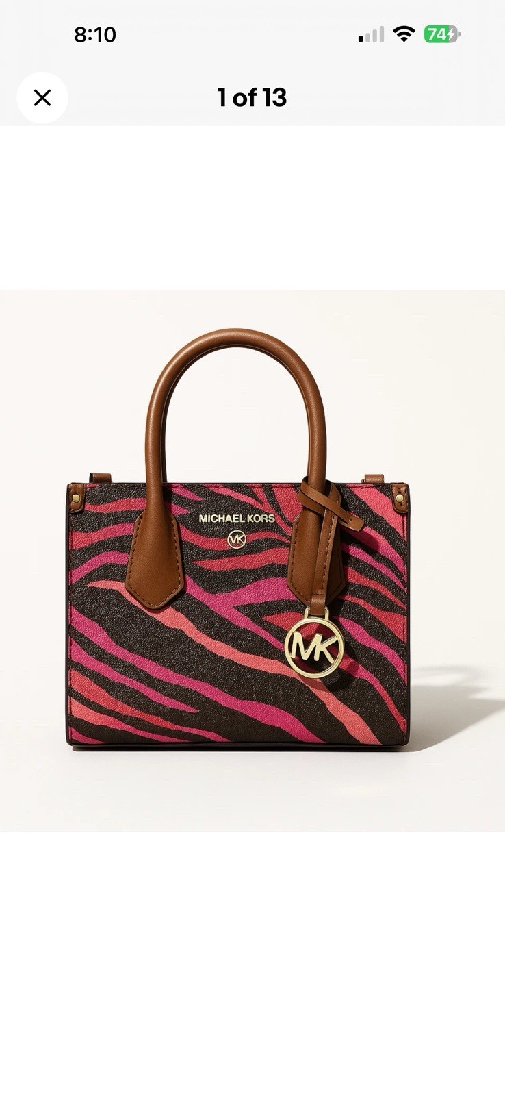 Michael Kors Small Zebra Print Satchel Top Handle Zip, Inner Pockets Gold