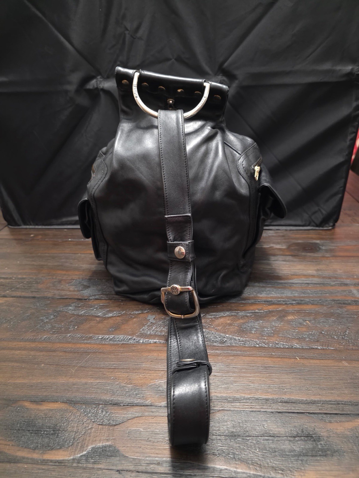 Marino Orlandi Italian Black Leather Metal Accents Sling Crossbody Bag