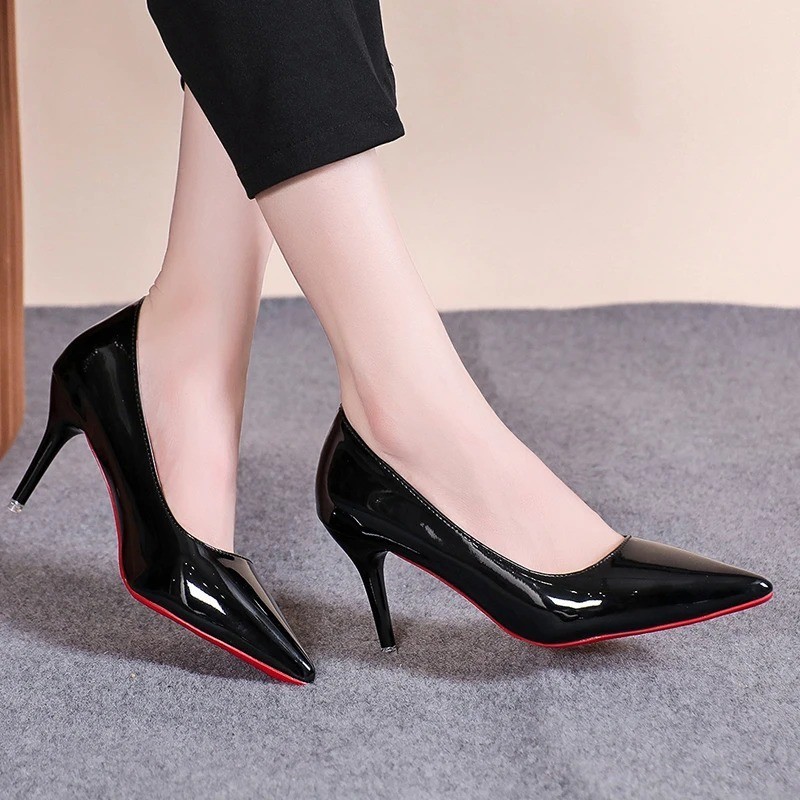Black Patent Leather Pointed Toe High Heels Classic Red Sole Party Stiletto Pump