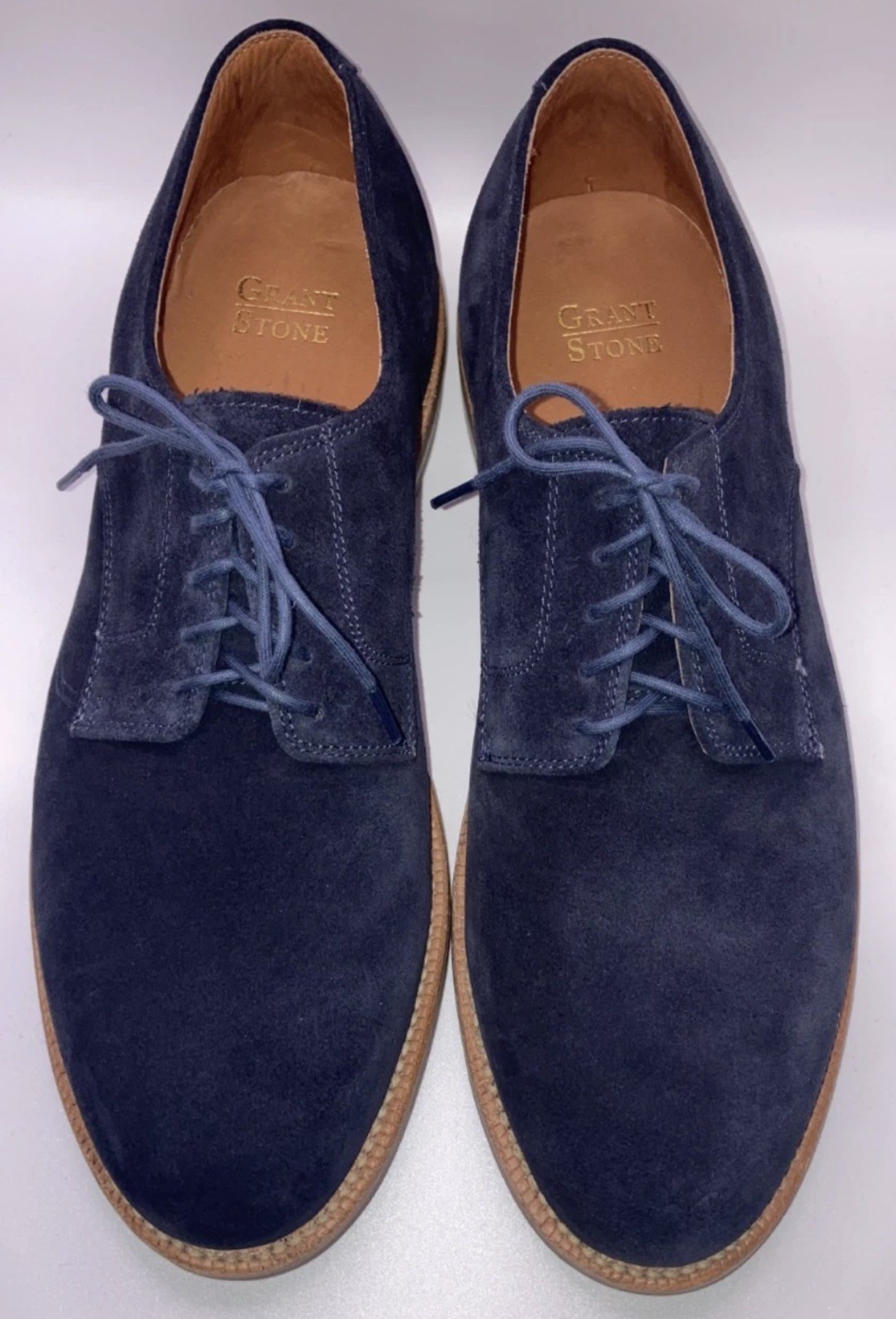 Grant Stone Midnight Navy Blue Suede Buck Derby Shoes 12 E NEW