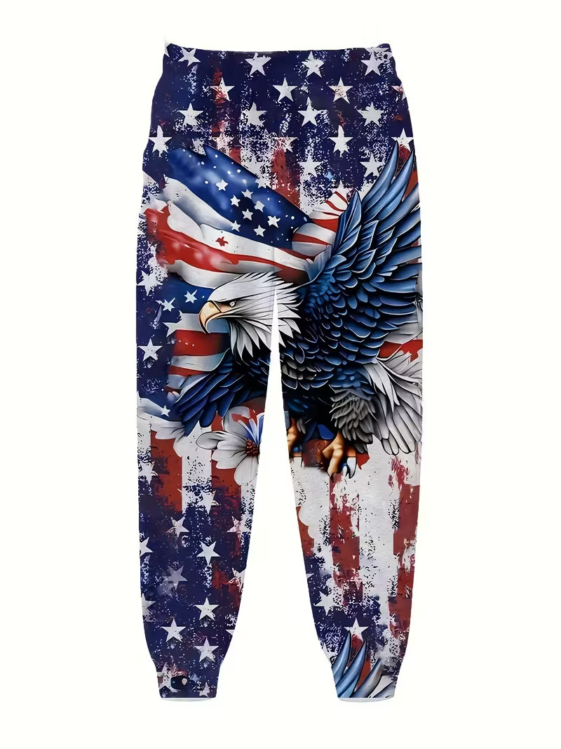 American Flag Eagle Print Sweatpants with Drawstring & Pockets